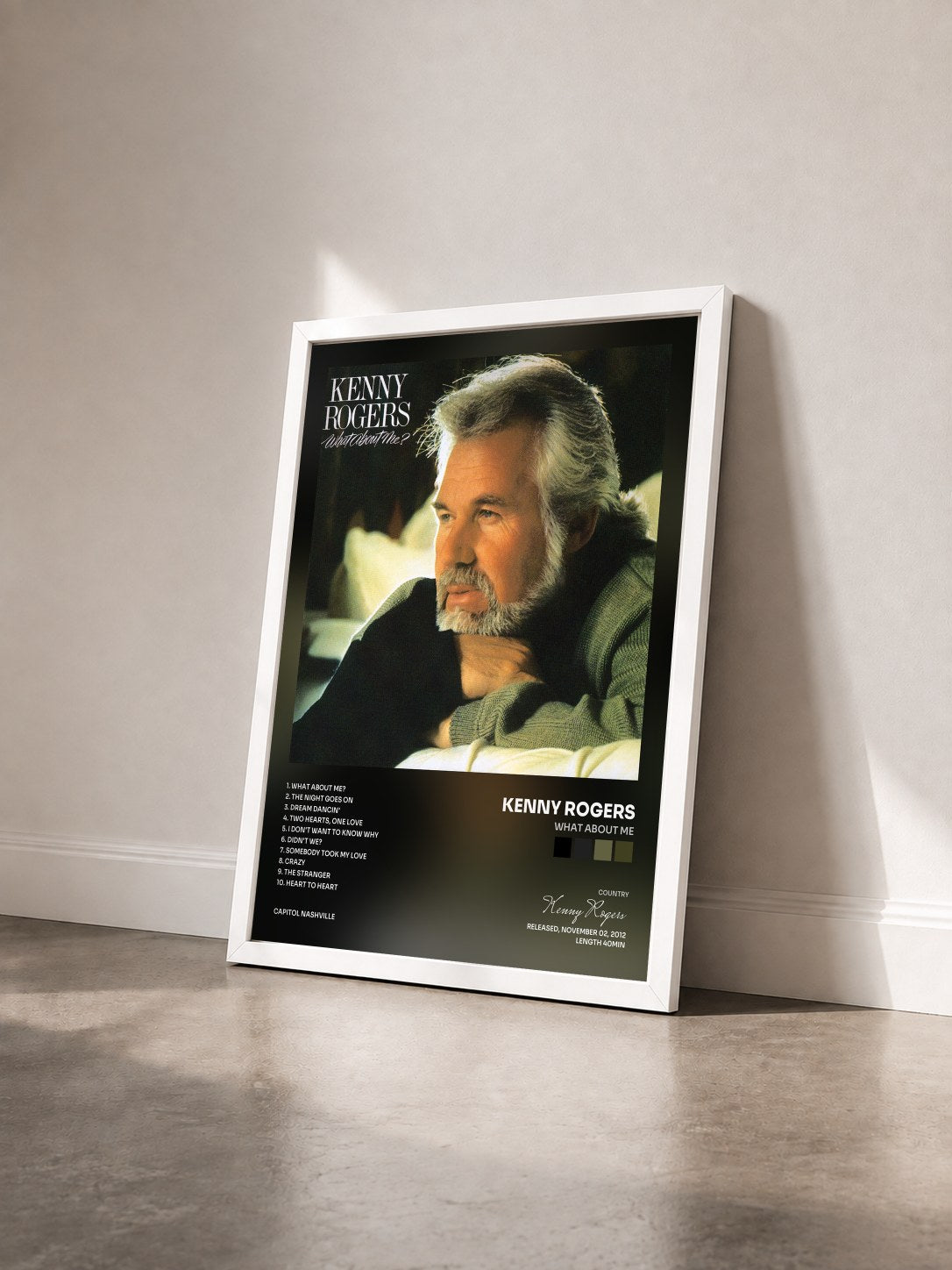 #blanc Tableau de l'album What About Me de Kenny Rogers vu de trois quarts, cadre blanc
