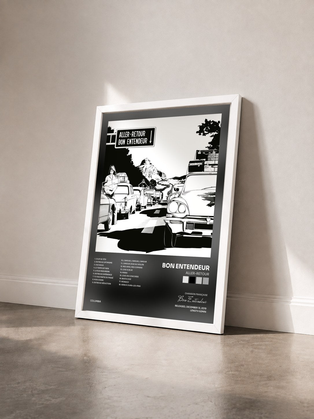 #blanc Tableau de l'album Aller-retour de Bon Entendeur vu de trois quarts, cadre blanc