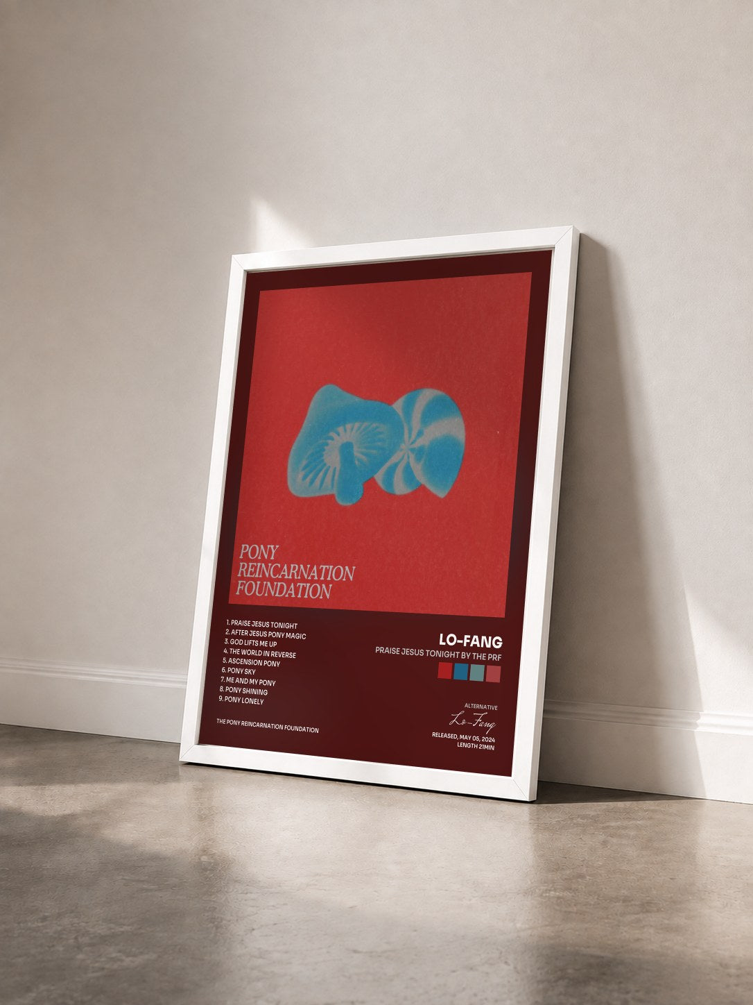 #blanc Tableau de l'album Praise Jesus Tonight by The PRF de Lo-Fang vu de trois quarts, cadre blanc