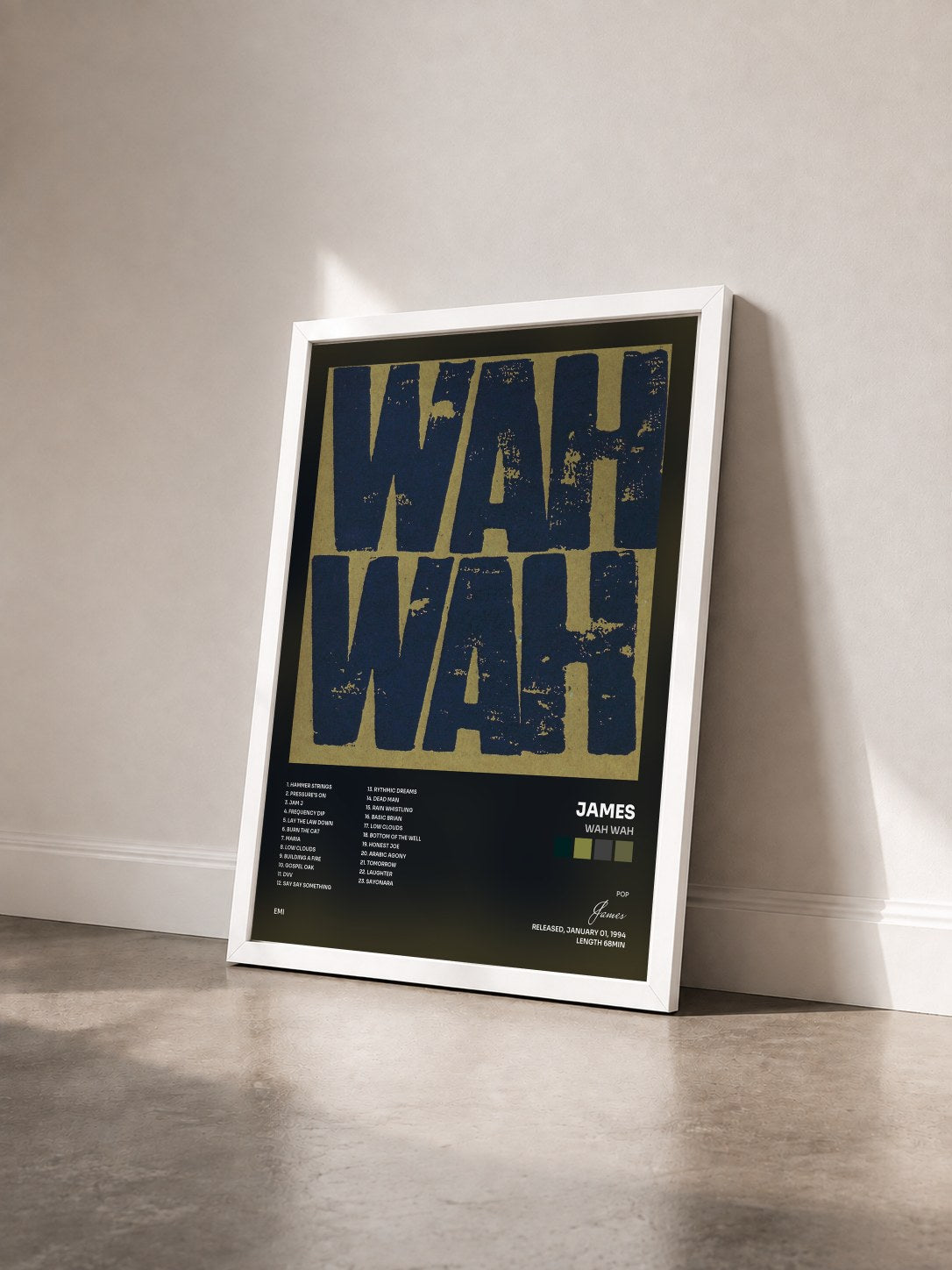 #blanc Tableau de l'album Wah Wah de James vu de trois quarts, cadre blanc