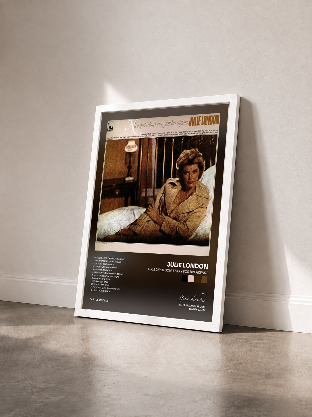 #blanc Tableau de l'album Nice Girls Don't Stay For Breakfast de Julie London vu de trois quarts, cadre blanc