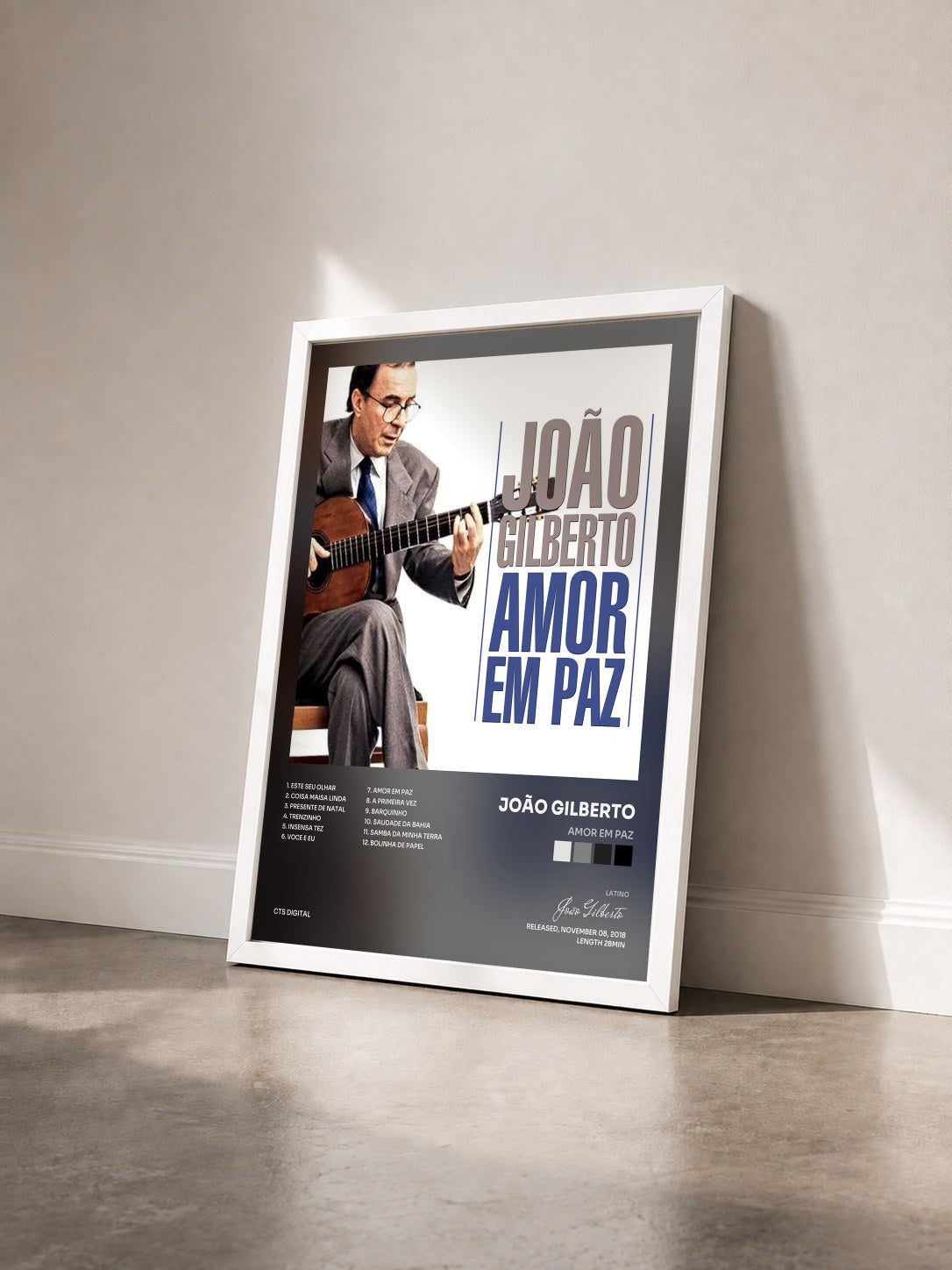 #blanc Tableau de l'album Amor Em Paz de João Gilberto vu de trois quarts, cadre blanc