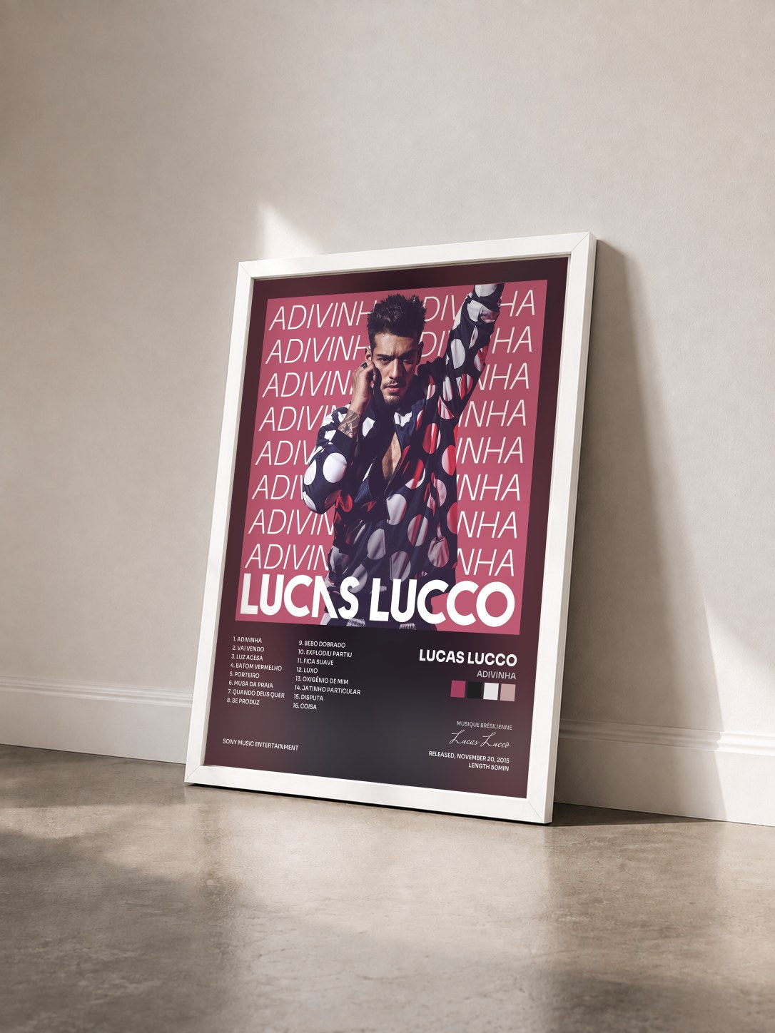 #blanc Tableau de l'album Adivinha de Lucas Lucco vu de trois quarts, cadre blanc