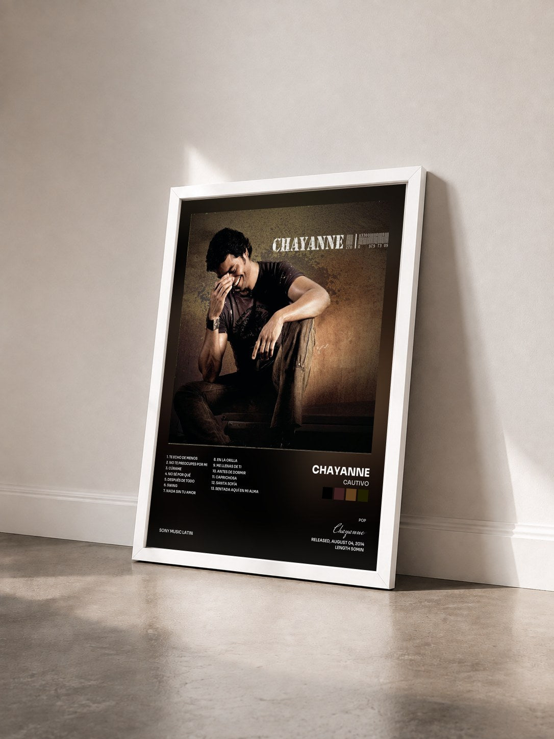 #blanc Tableau de l'album Cautivo de Chayanne vu de trois quarts, cadre blanc