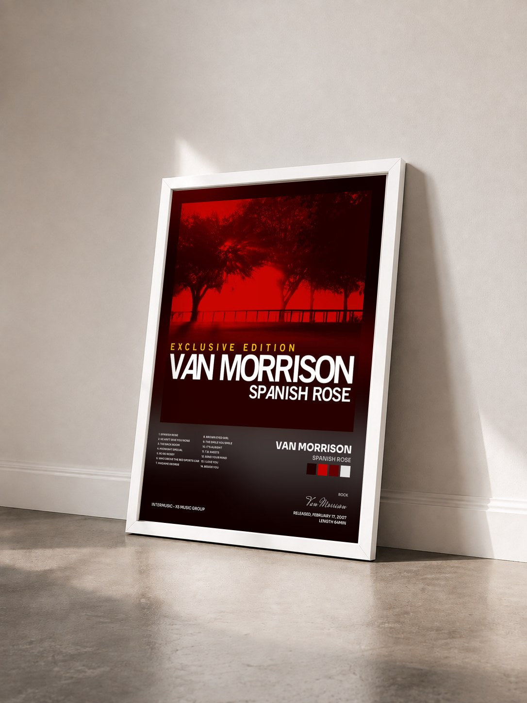 #blanc Tableau de l'album Spanish Rose de Van Morrison vu de trois quarts, cadre blanc