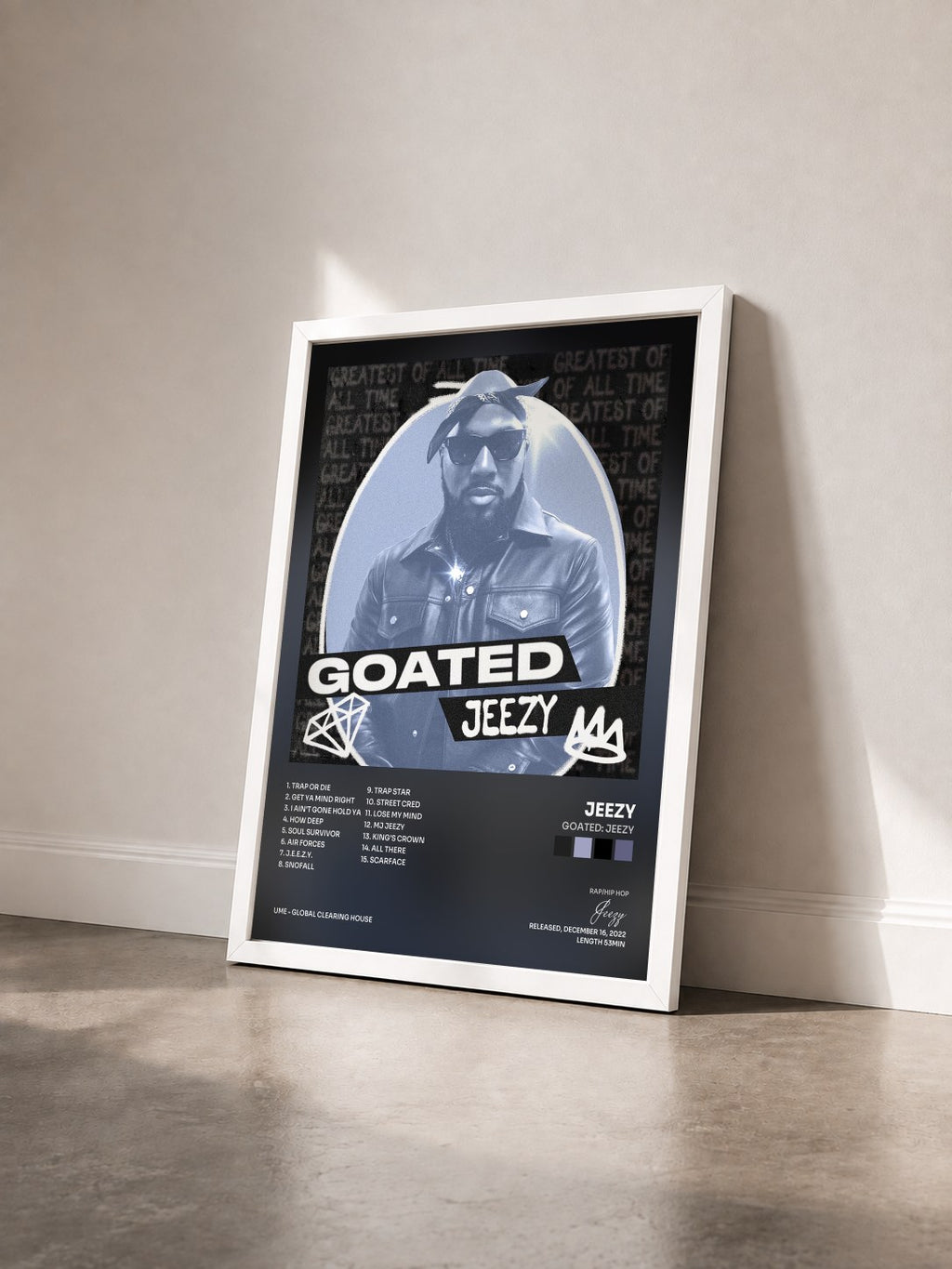 #blanc GOATED: Jeezy by Jeezy as a framed art print seen at an angle, white frame