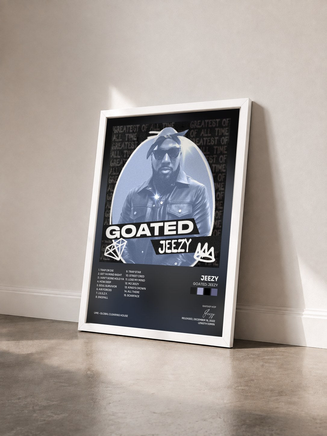 #blanc Tableau de l'album GOATED: Jeezy de Jeezy vu de trois quarts, cadre blanc