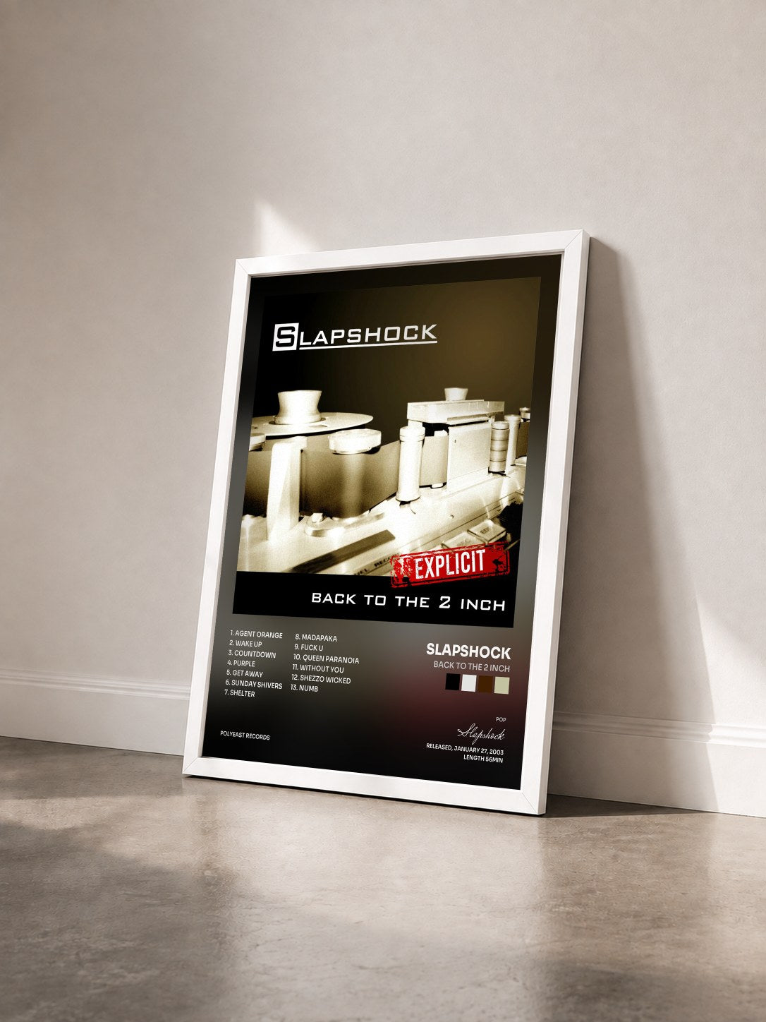 #blanc Tableau de l'album Back to the 2 Inch de Slapshock vu de trois quarts, cadre blanc