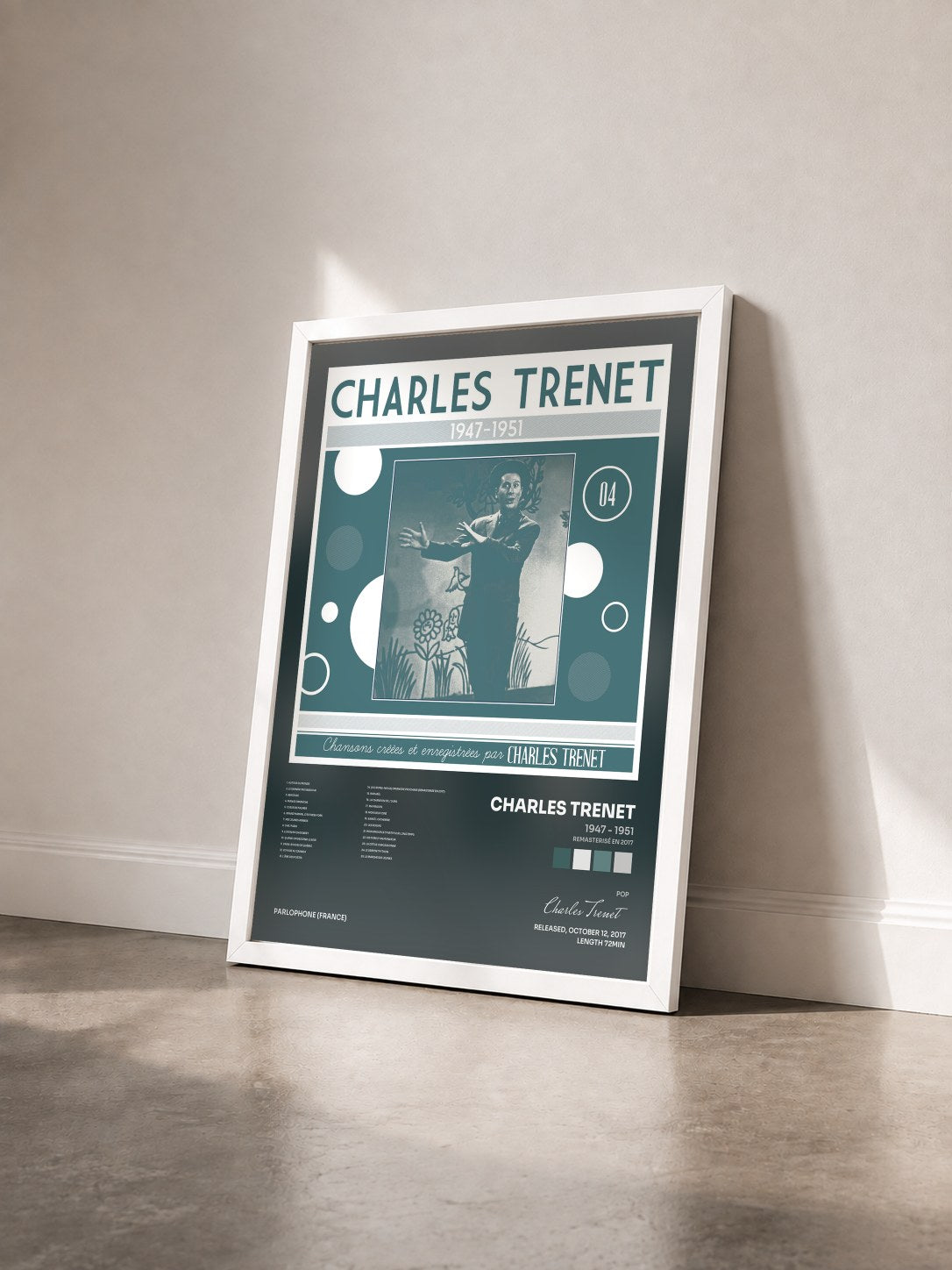 #blanc Tableau de l'album 1947 - 1951 (Remasterisé en 2017) de Charles Trenet vu de trois quarts, cadre blanc