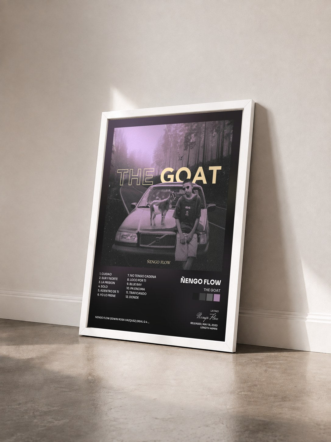 #blanc Tableau de l'album The Goat de Ñengo Flow vu de trois quarts, cadre blanc