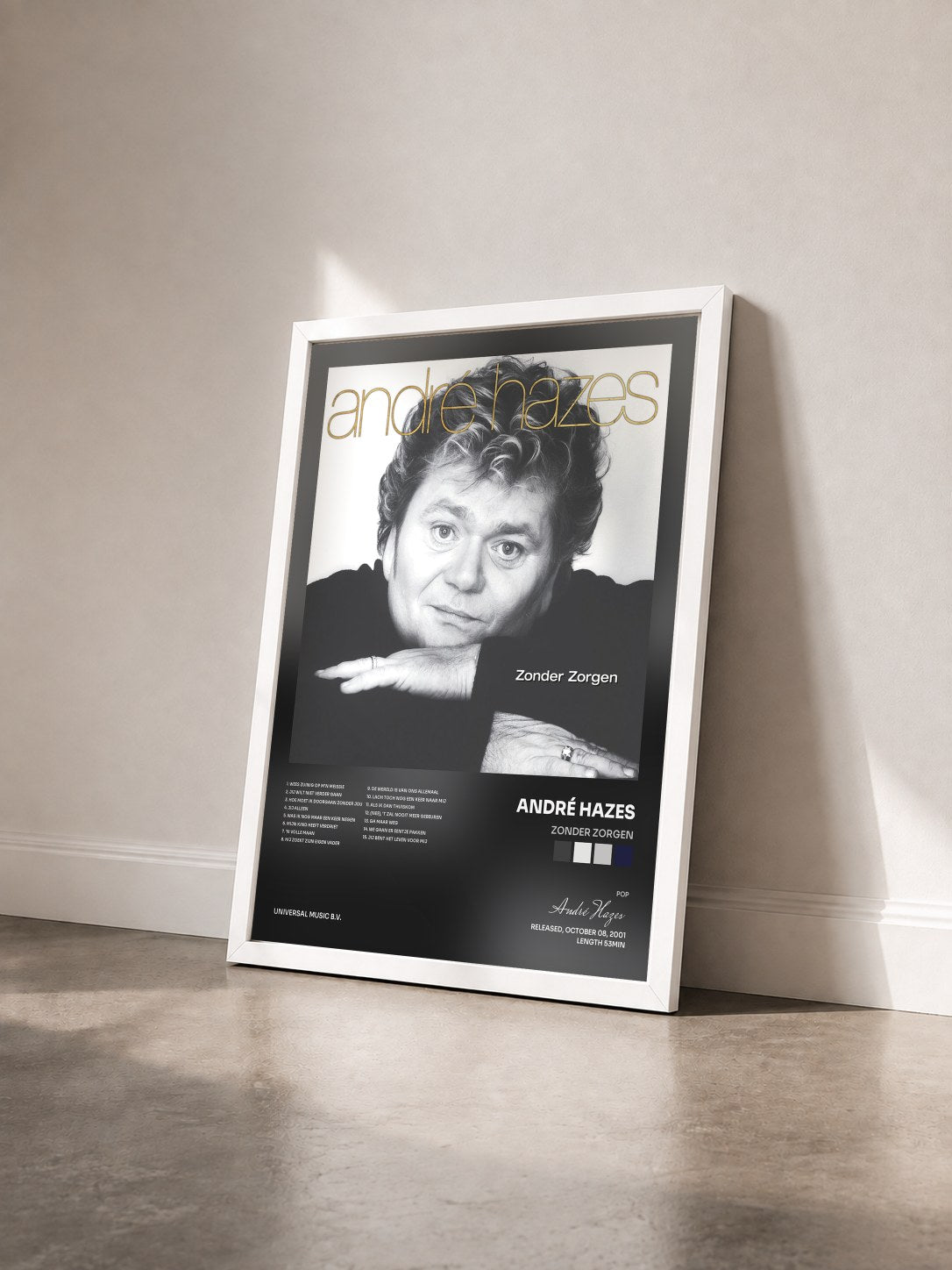#blanc Tableau de l'album Zonder Zorgen de André Hazes vu de trois quarts, cadre blanc