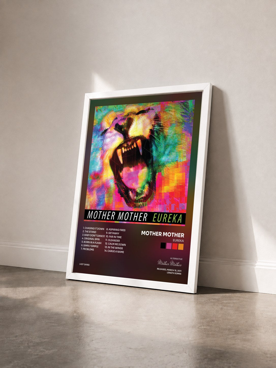 #blanc Tableau de l'album Eureka de Mother Mother vu de trois quarts, cadre blanc