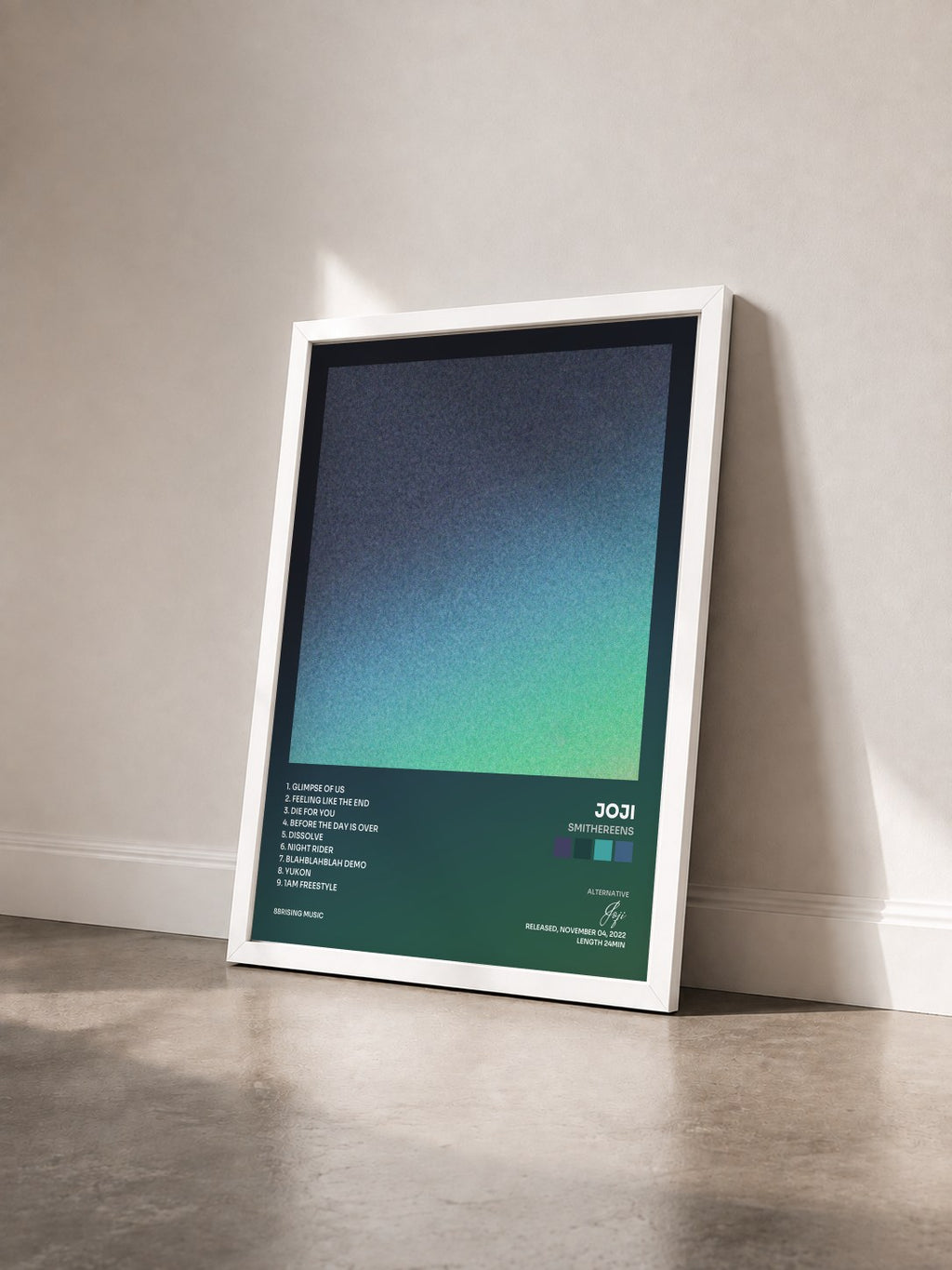 #blanc Tableau de l'album SMITHEREENS de Joji vu de trois quarts, cadre blanc