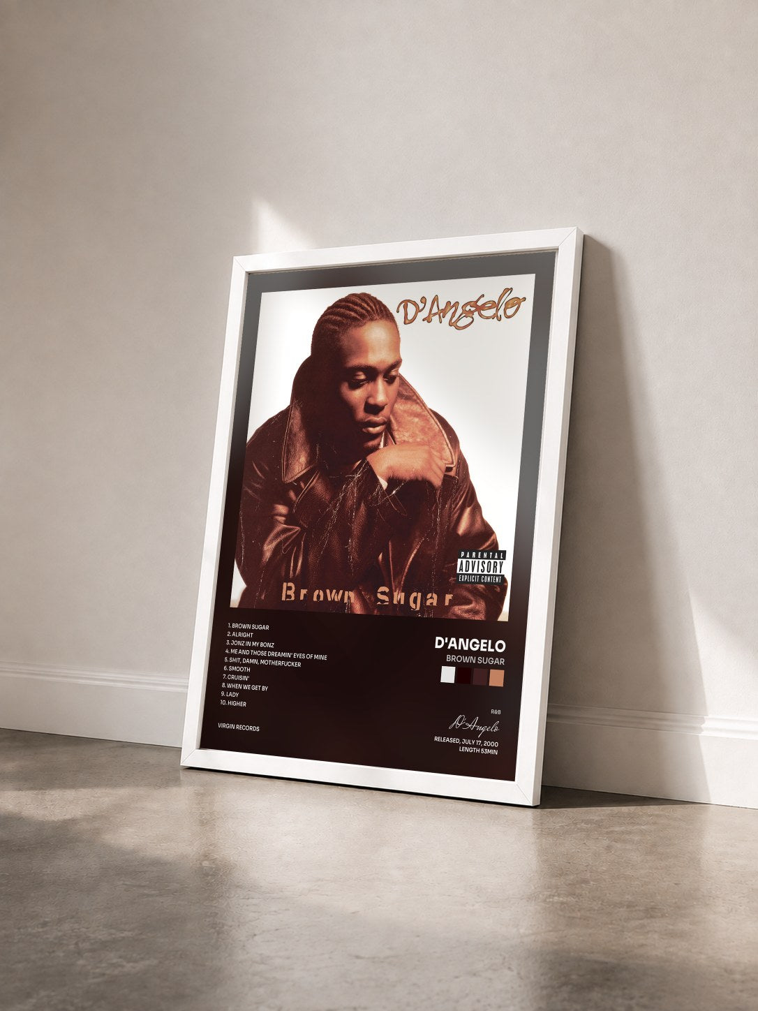 #blanc Tableau de l'album Brown Sugar de D'Angelo vu de trois quarts, cadre blanc