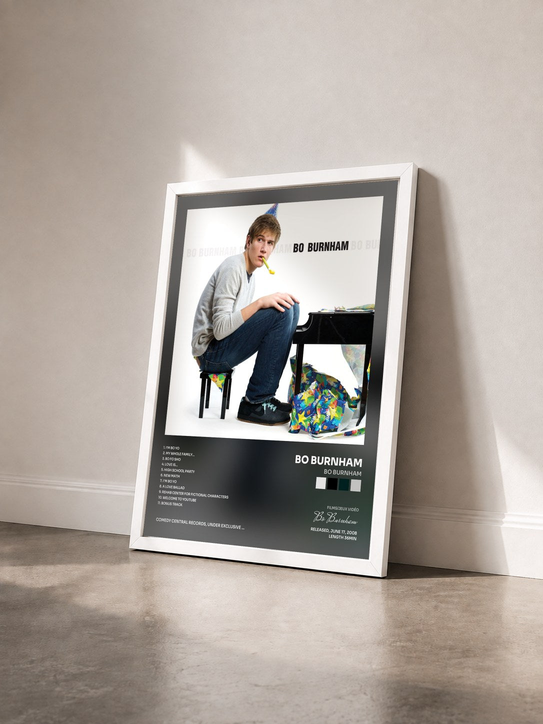 #blanc Tableau de l'album Bo Burnham de Bo Burnham vu de trois quarts, cadre blanc