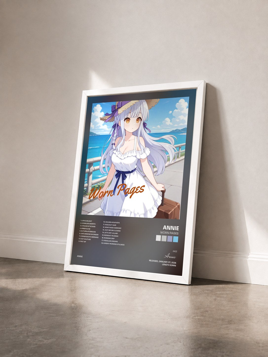 #blanc Tableau de l'album Worn Pages de Annie vu de trois quarts, cadre blanc