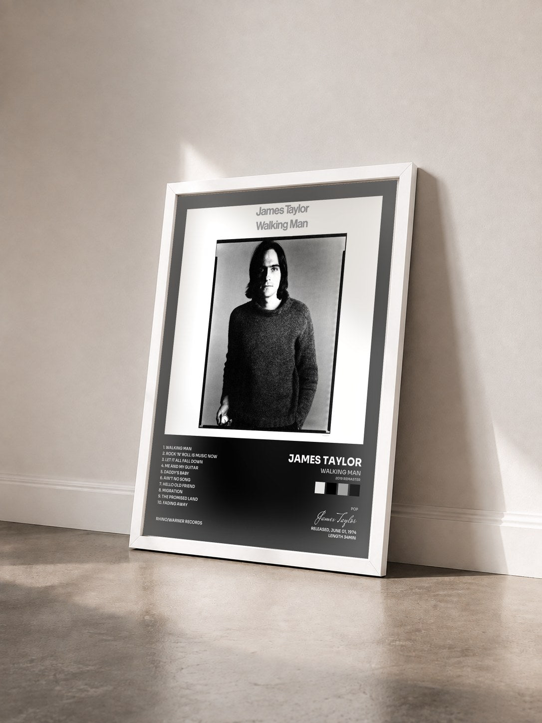 #blanc Tableau de l'album Walking Man (2019 Remaster) de James Taylor vu de trois quarts, cadre blanc