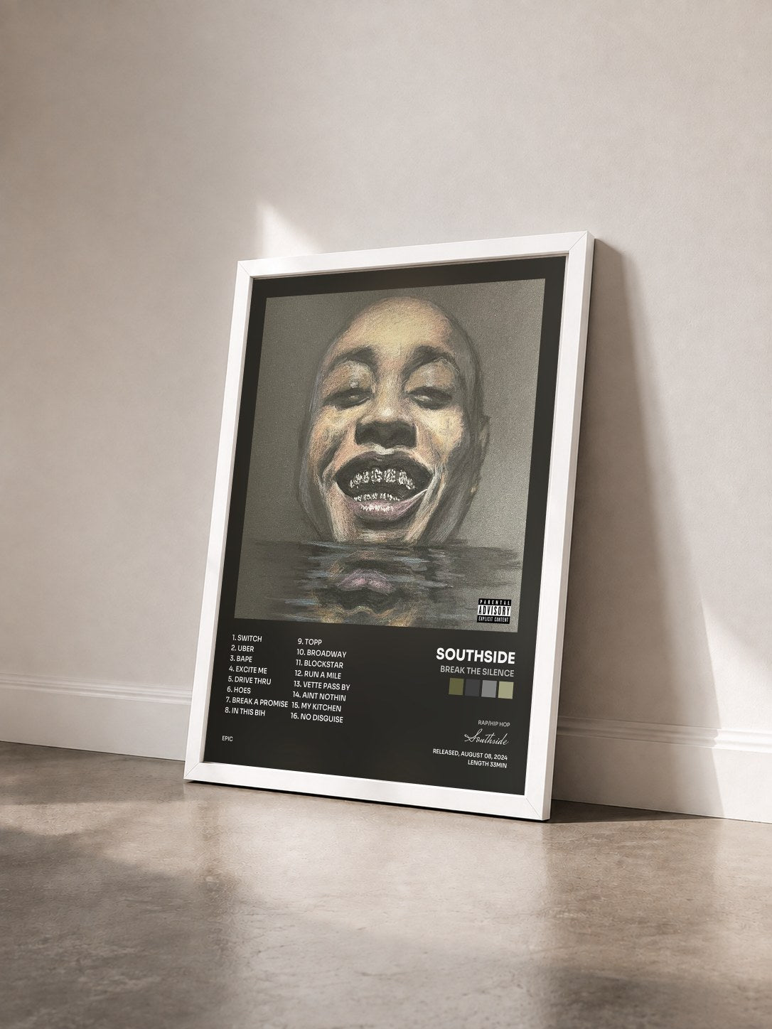 #blanc Tableau de l'album BREAK THE SILENCE de Southside vu de trois quarts, cadre blanc