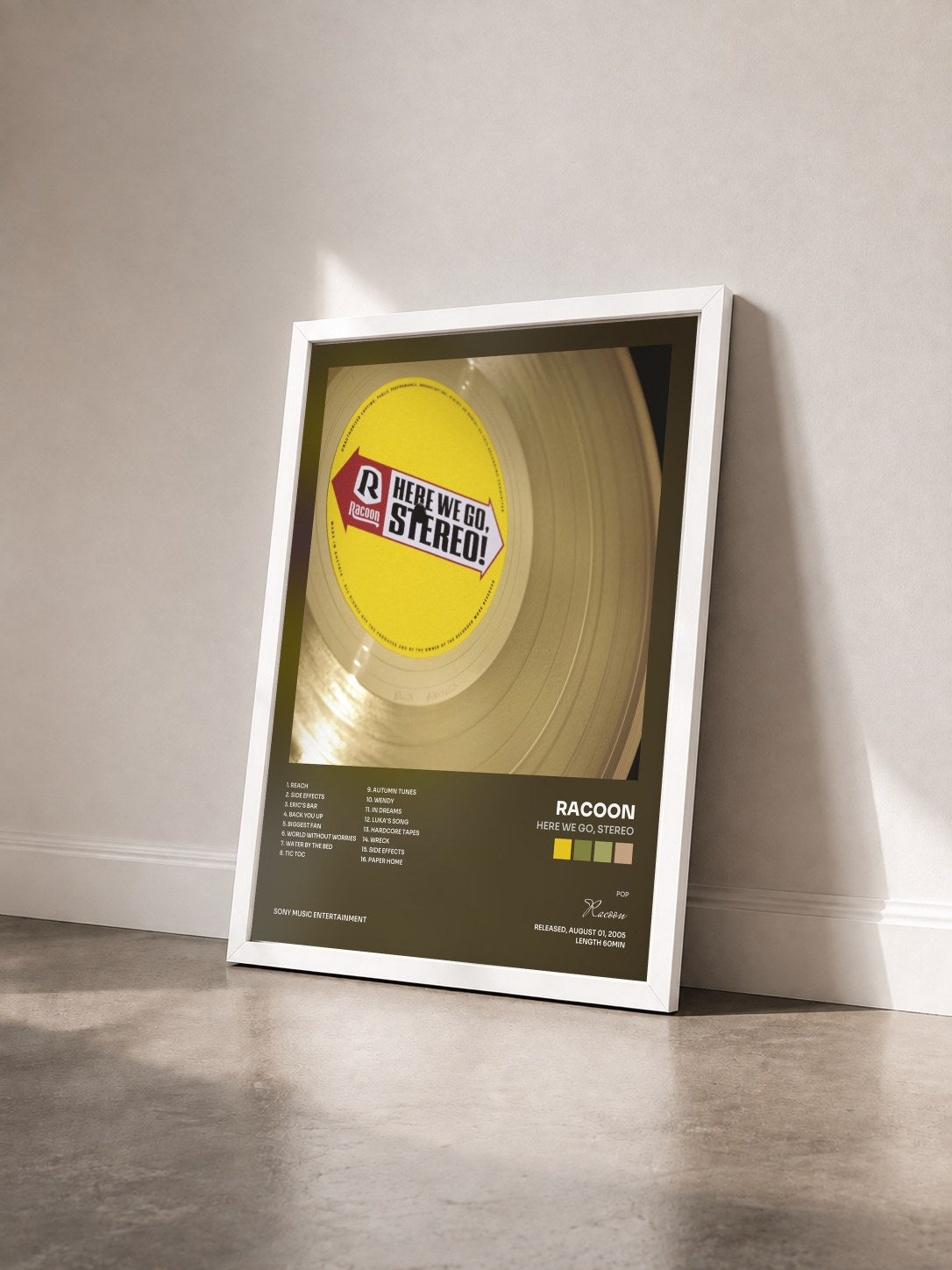 #blanc Tableau de l'album Here We Go, Stereo de Racoon vu de trois quarts, cadre blanc