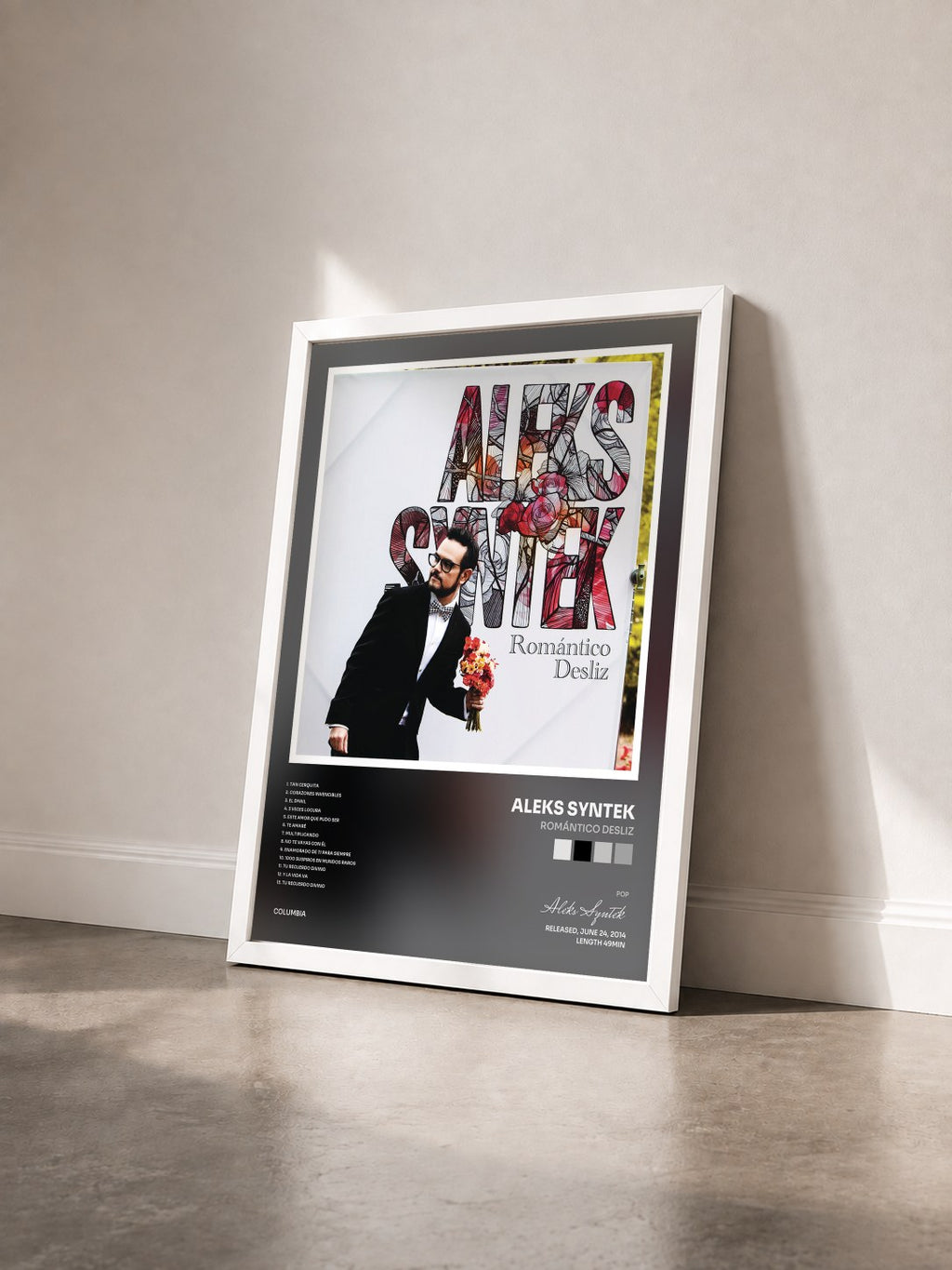 #blanc Tableau de l'album Romántico Desliz de Aleks Syntek vu de trois quarts, cadre blanc