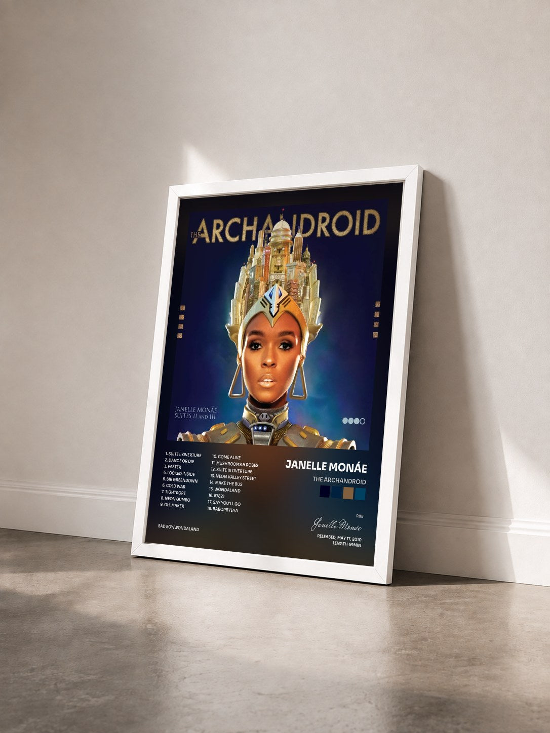 #blanc Tableau de l'album The ArchAndroid de Janelle Monáe vu de trois quarts, cadre blanc
