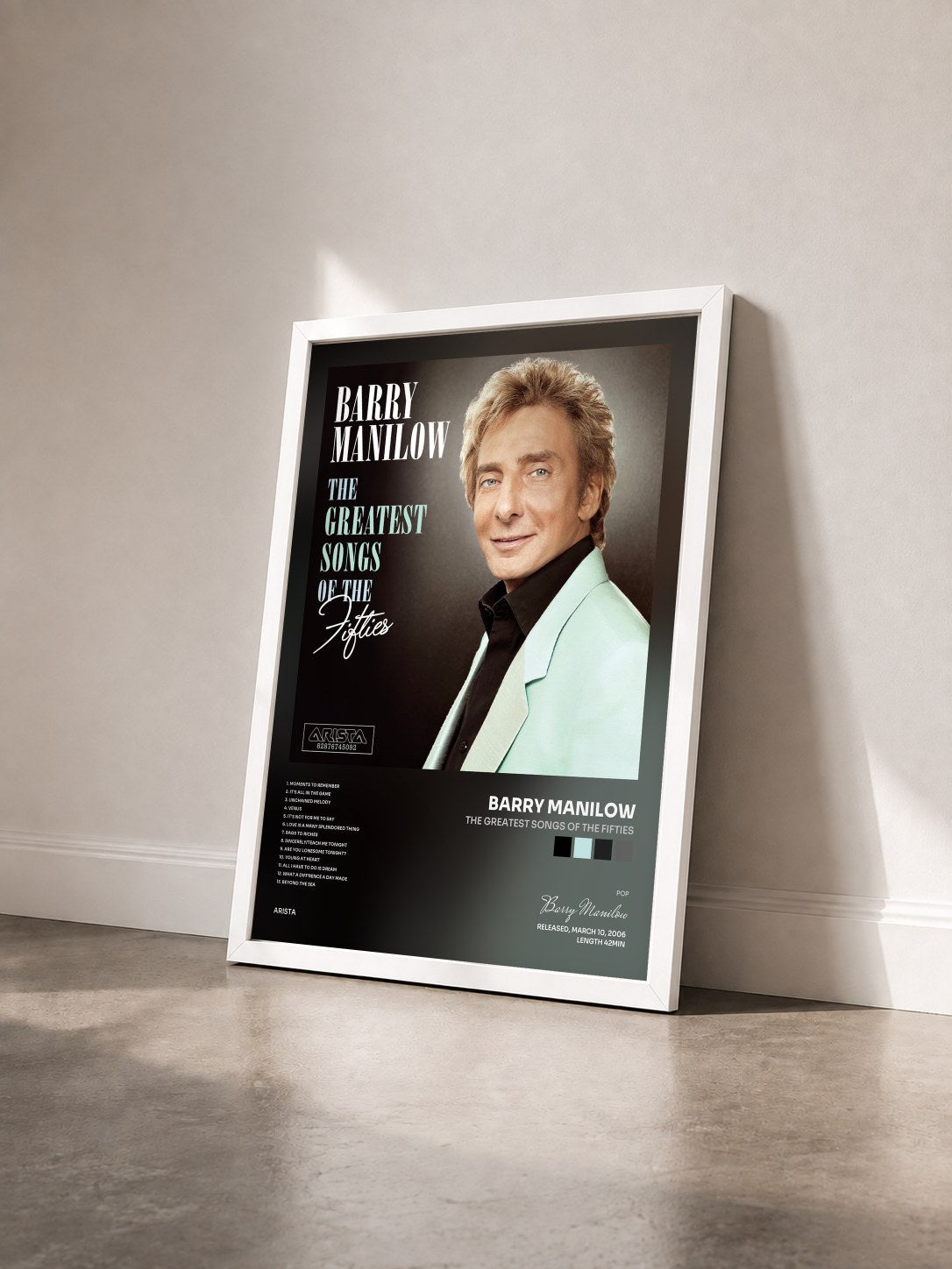 #blanc Tableau de l'album The Greatest Songs Of The Fifties de Barry Manilow vu de trois quarts, cadre blanc