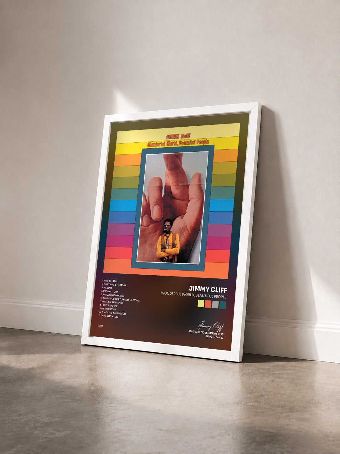 #blanc Tableau de l'album Wonderful World, Beautiful People de Jimmy Cliff vu de trois quarts, cadre blanc