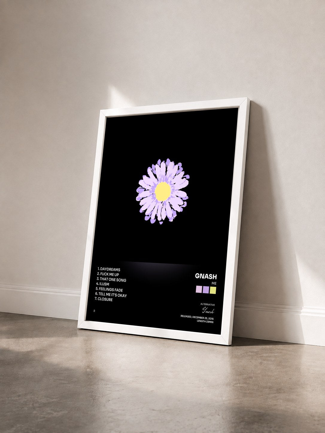 #blanc Tableau de l'album Me de Gnash vu de trois quarts, cadre blanc