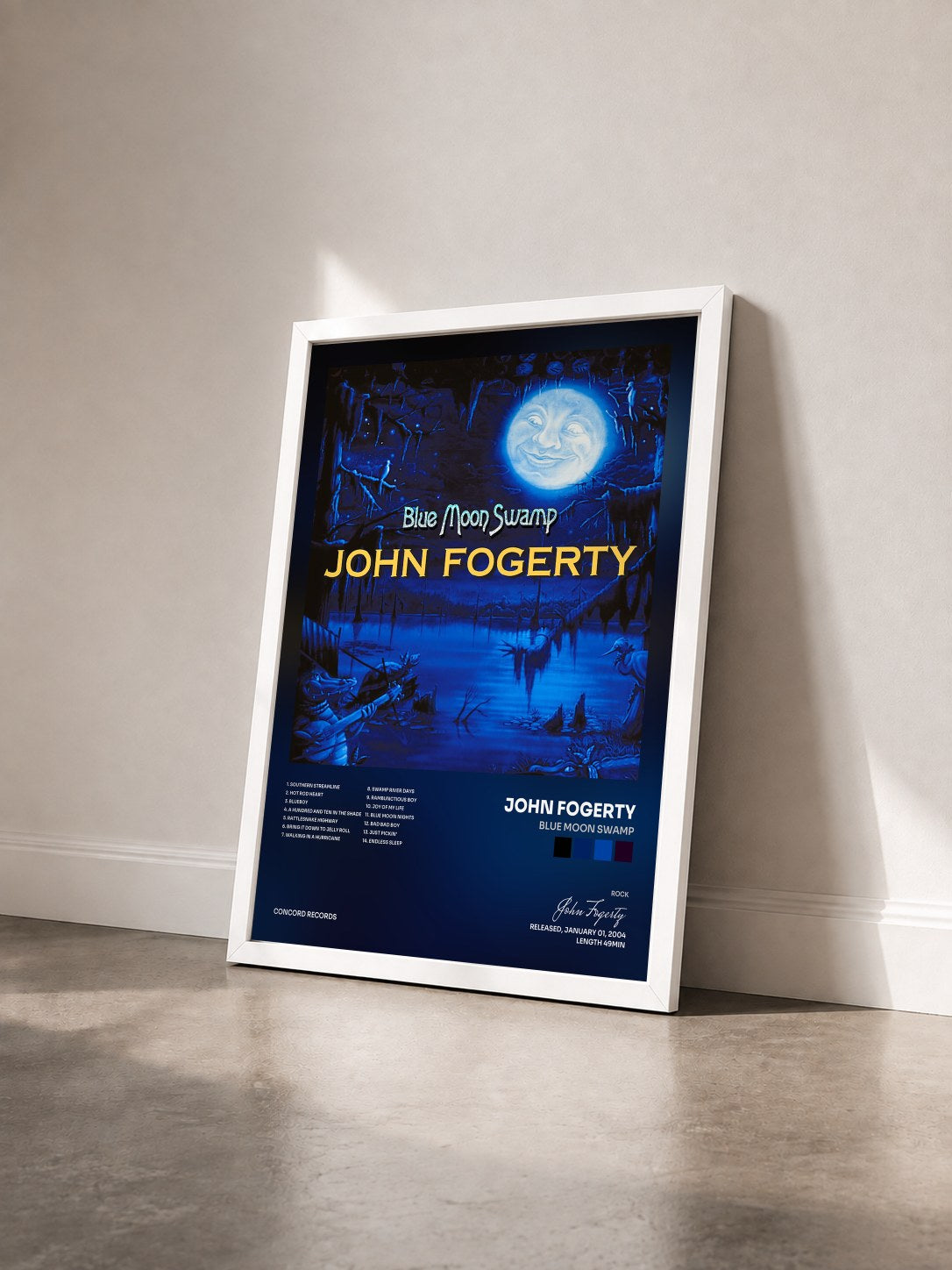 #blanc Tableau de l'album Blue Moon Swamp de John Fogerty vu de trois quarts, cadre blanc