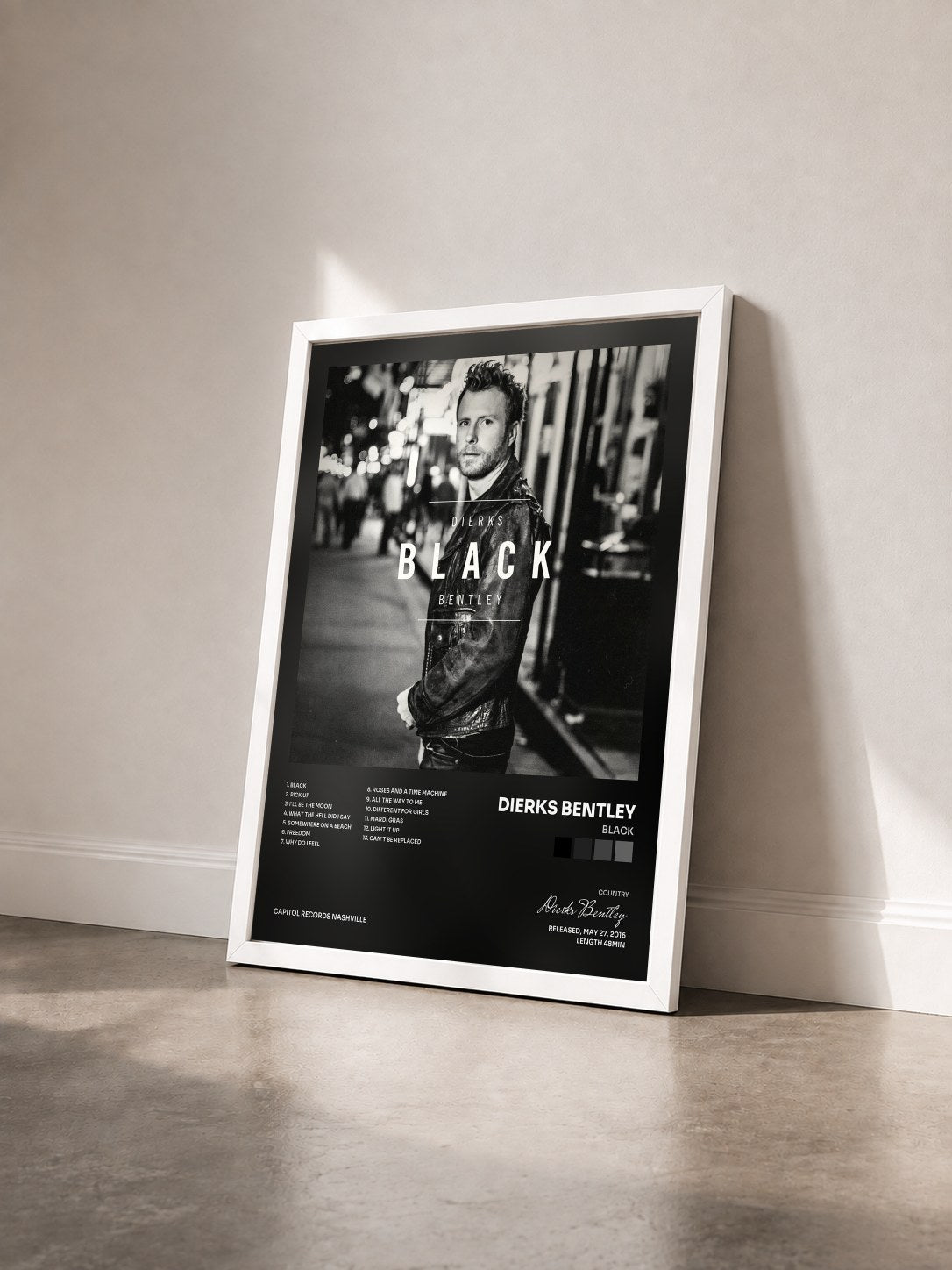 #blanc Tableau de l'album Black de Dierks Bentley vu de trois quarts, cadre blanc