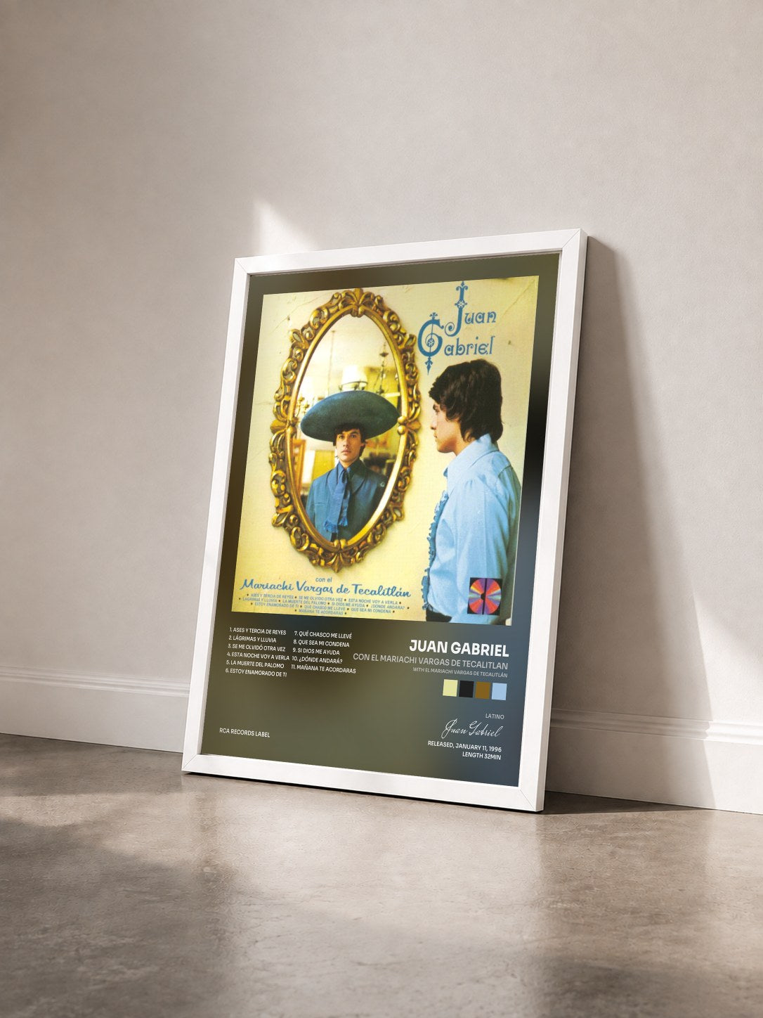 #blanc Tableau de l'album Con El Mariachi Vargas De Tecalitlan (with El Mariachi Vargas de Tecalitlán) de Juan Gabriel vu de trois quarts, cadre blanc