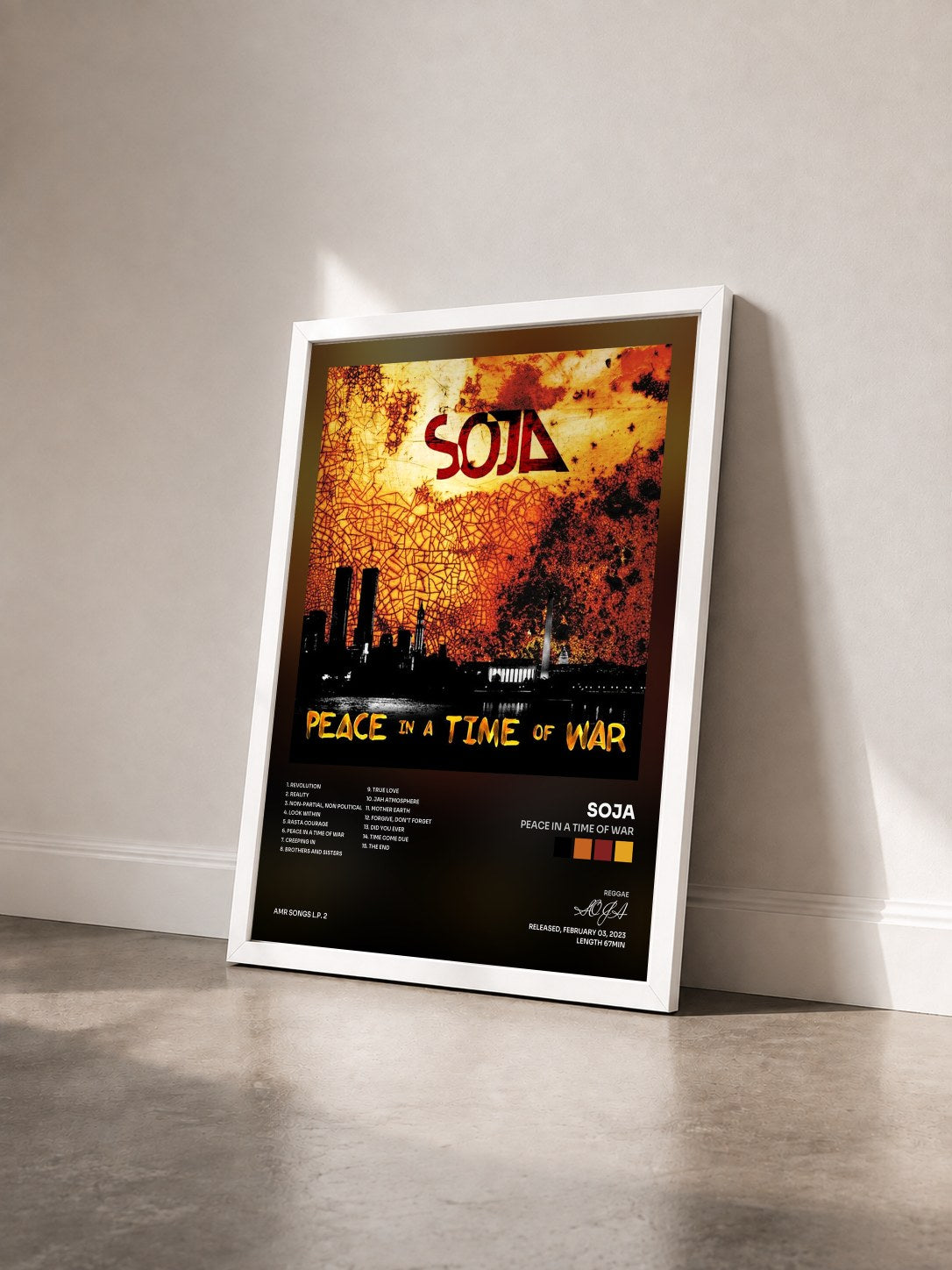 #blanc Tableau de l'album Peace in a Time of War de SOJA vu de trois quarts, cadre blanc