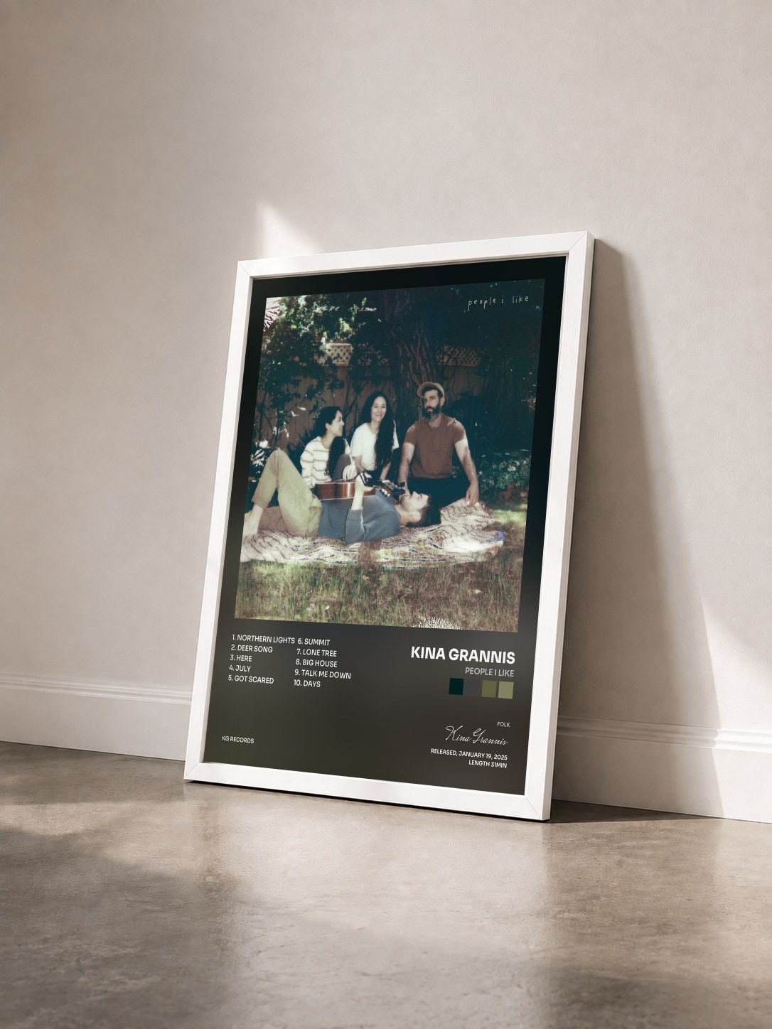 #blanc Tableau de l'album people i like de Kina Grannis vu de trois quarts, cadre blanc
