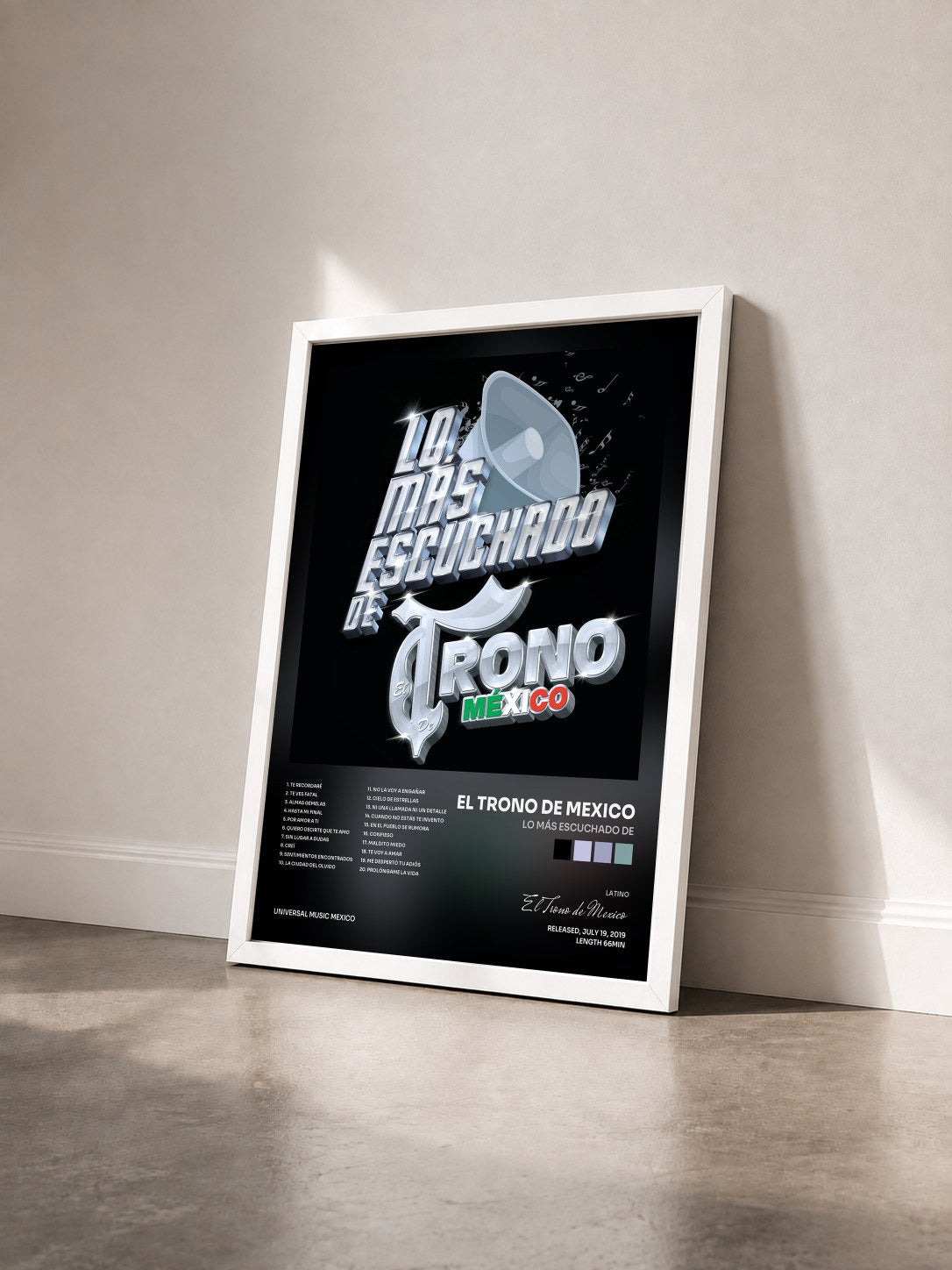 #blanc Tableau de l'album Lo Más Escuchado De de El Trono de Mexico vu de trois quarts, cadre blanc