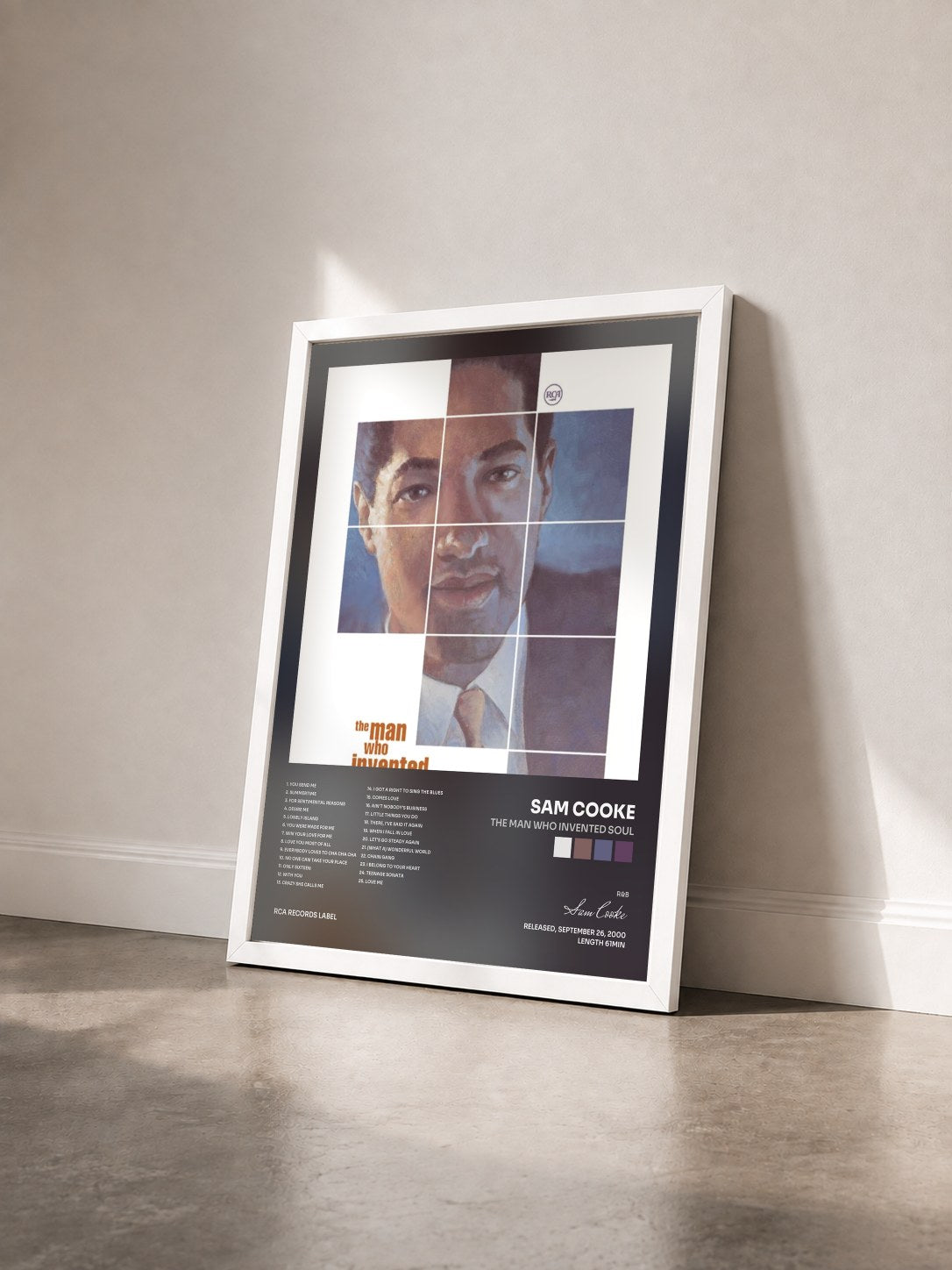 #blanc Tableau de l'album The Man Who Invented Soul de Sam Cooke vu de trois quarts, cadre blanc