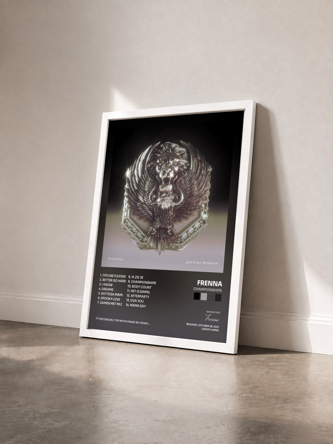 #blanc Tableau de l'album Championships de Frenna vu de trois quarts, cadre blanc
