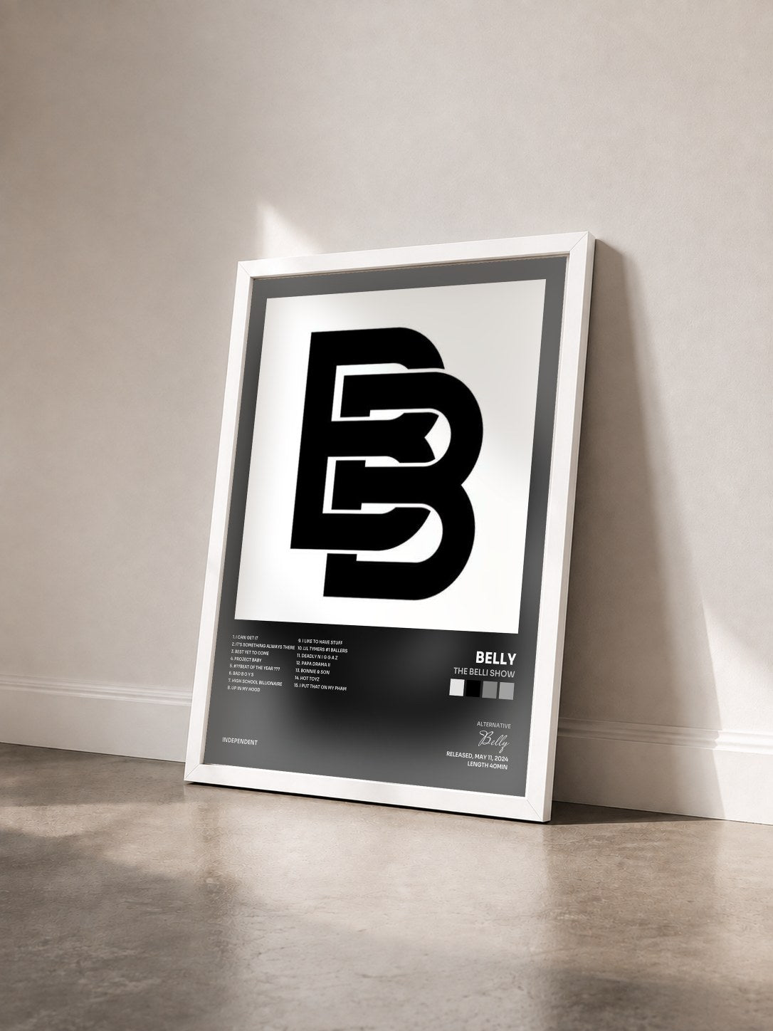 #blanc Tableau de l'album The Belli Show de Belly vu de trois quarts, cadre blanc