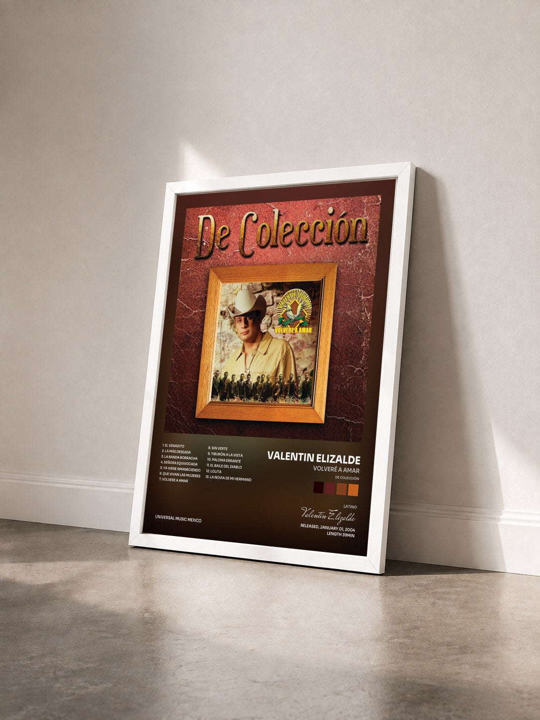 #blanc Tableau de l'album Volveré A Amar (De Colección) de Valentin Elizalde vu de trois quarts, cadre blanc