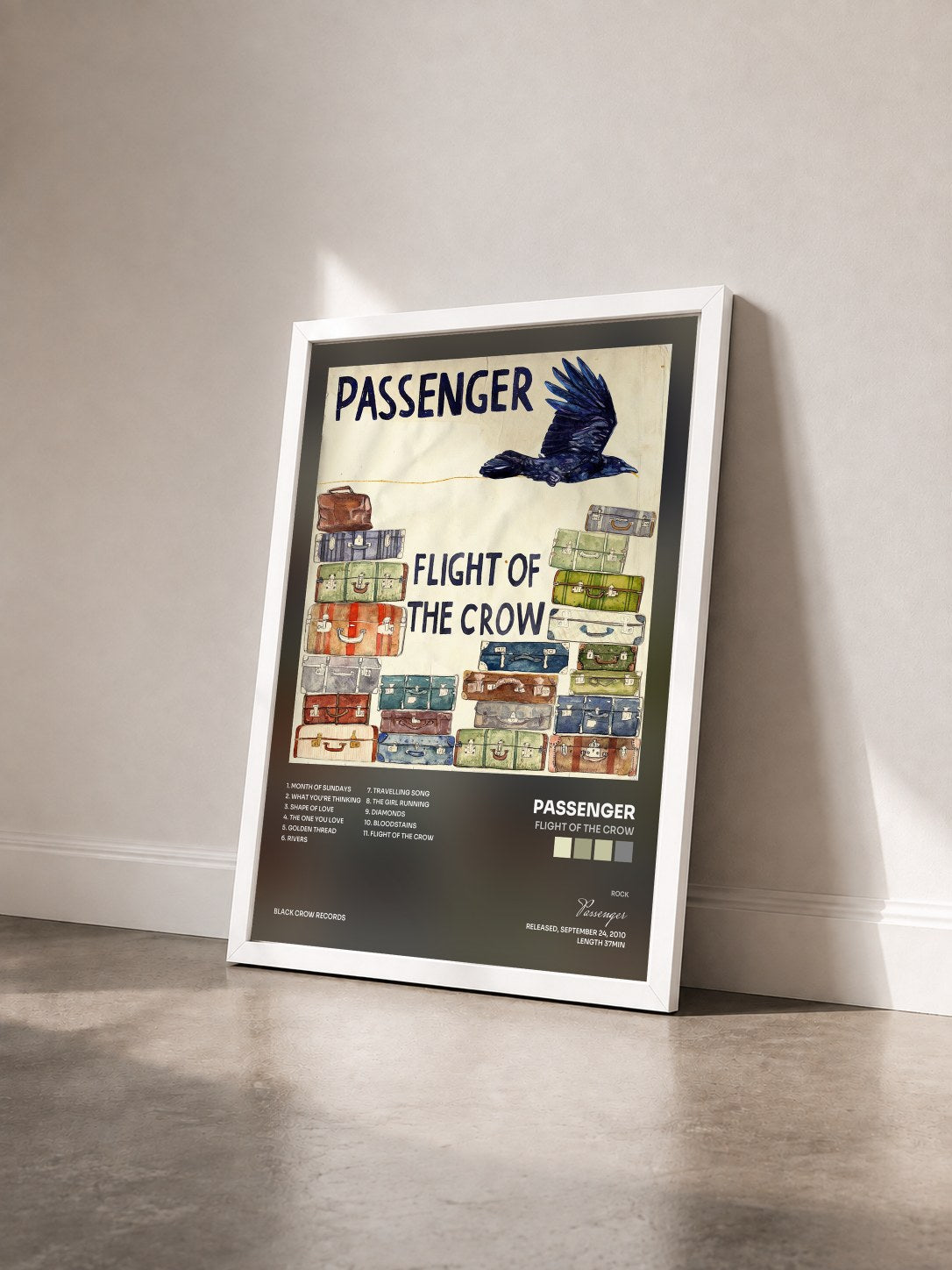#blanc Tableau de l'album Flight of the Crow de Passenger vu de trois quarts, cadre blanc