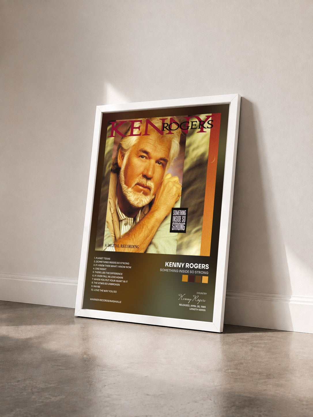 #blanc Tableau de l'album Something Inside So Strong de Kenny Rogers vu de trois quarts, cadre blanc