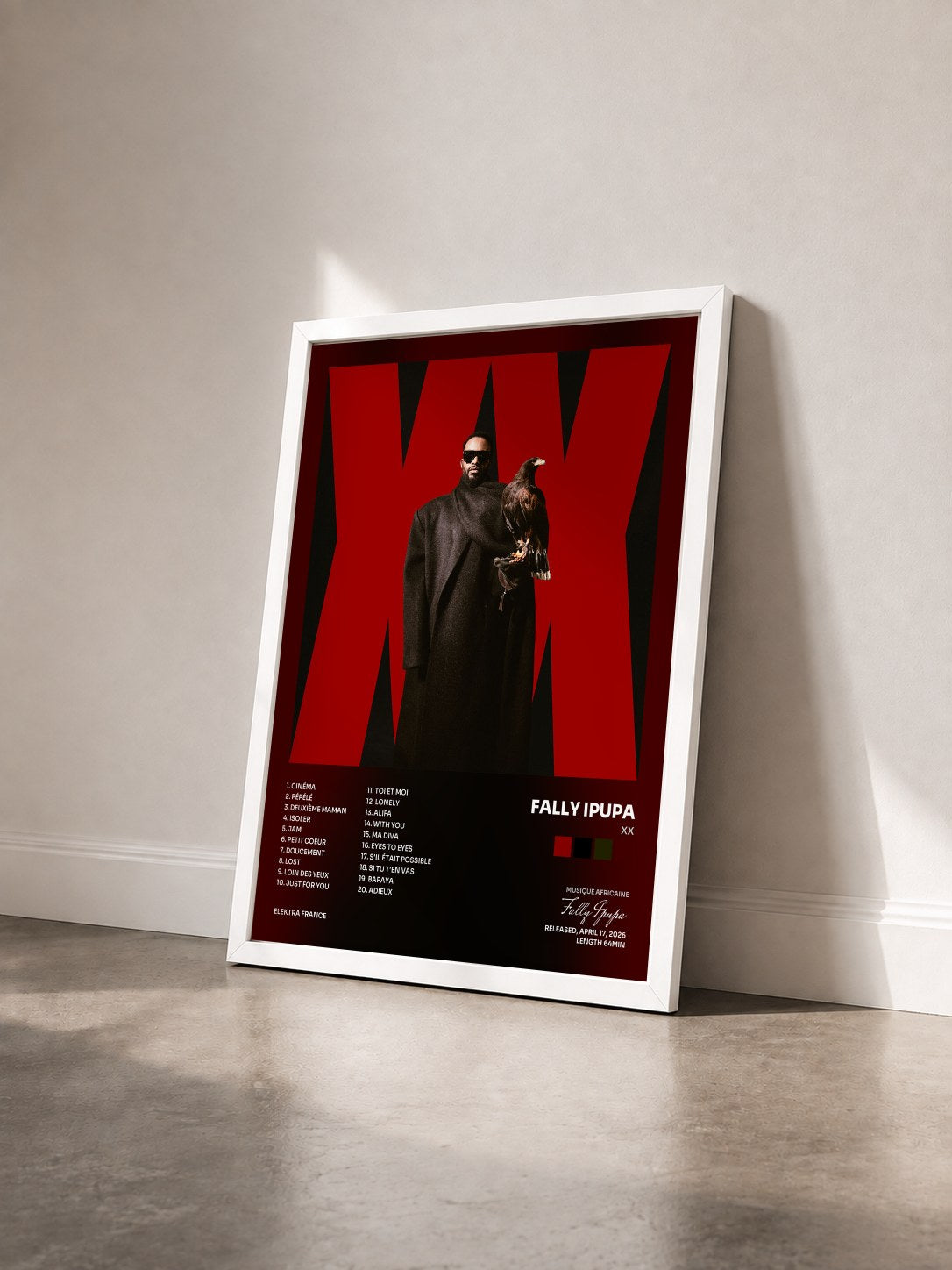 #blanc Tableau de l'album XX de Fally Ipupa vu de trois quarts, cadre blanc