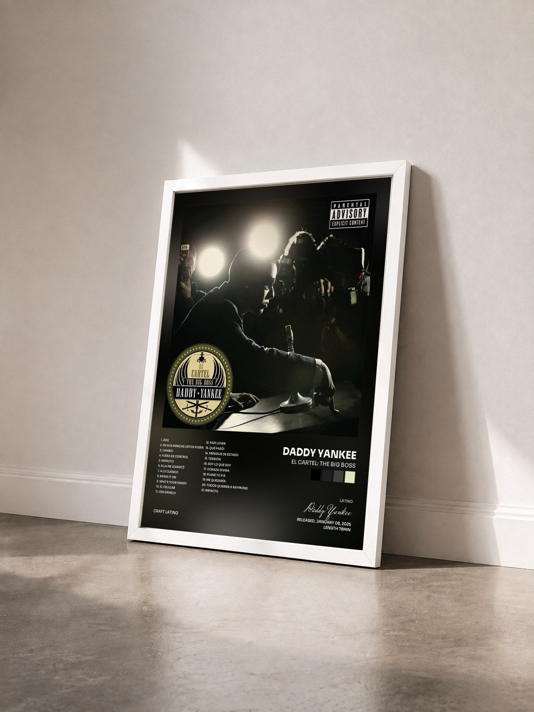 #blanc Tableau de l'album El Cartel: The Big Boss de Daddy Yankee vu de trois quarts, cadre blanc