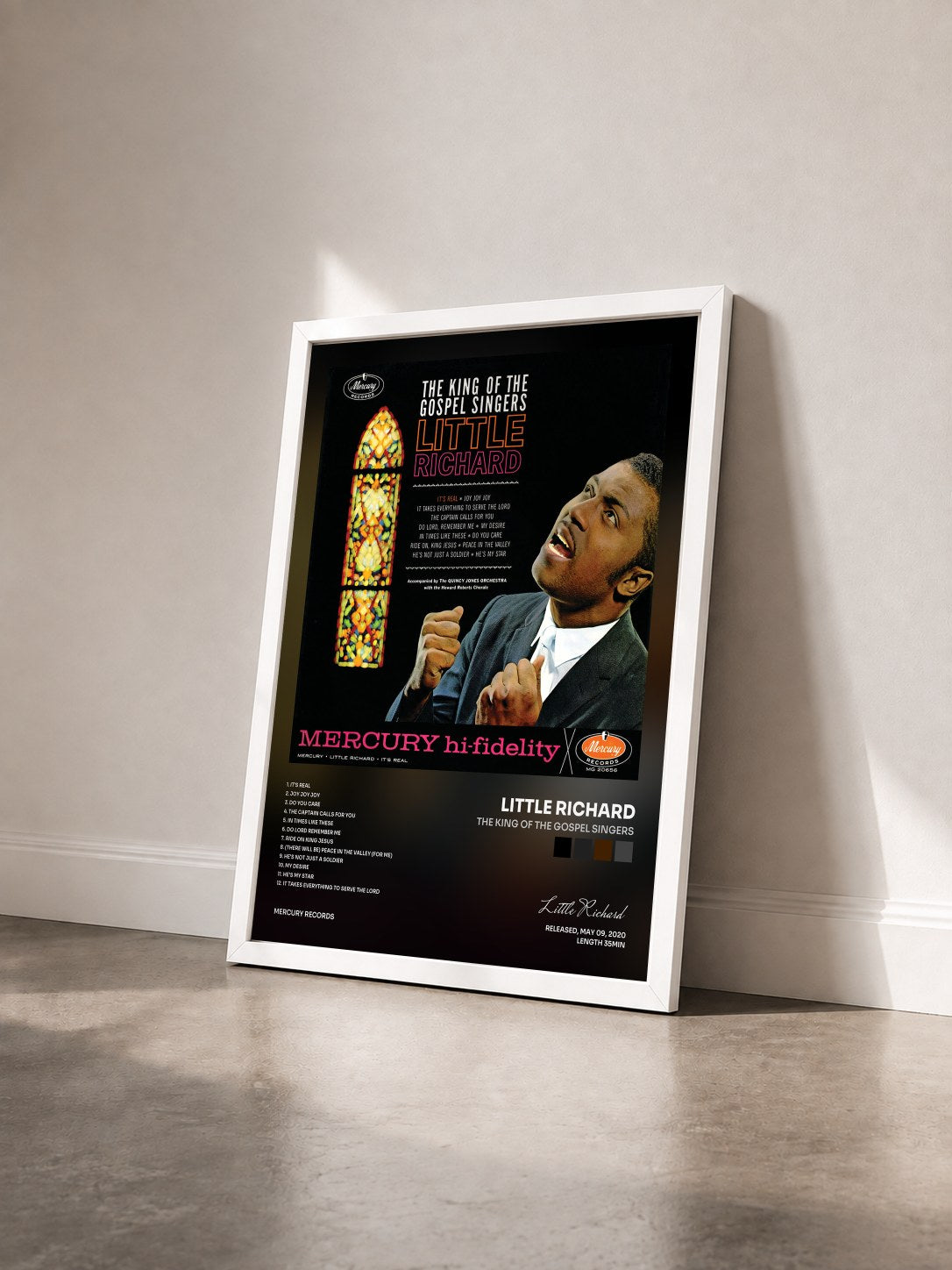 #blanc Tableau de l'album The King Of The Gospel Singers de Little Richard vu de trois quarts, cadre blanc