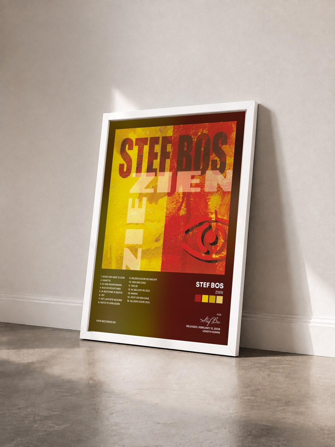 #blanc Tableau de l'album Zien de Stef Bos vu de trois quarts, cadre blanc