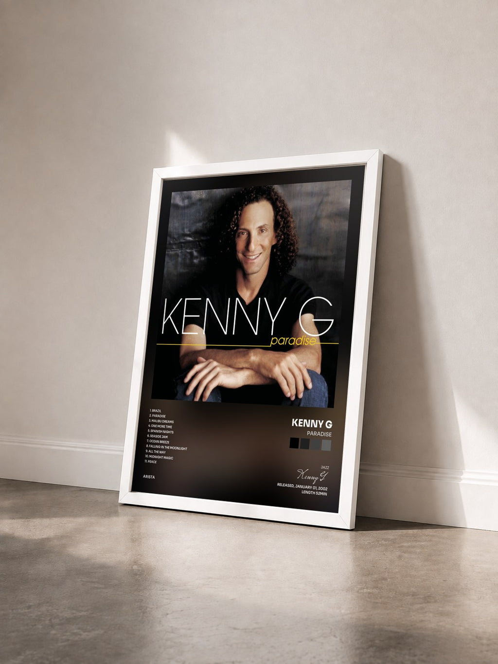 #blanc Paradise de Kenny G en lámina enmarcada vista de tres cuartos, marco blanco