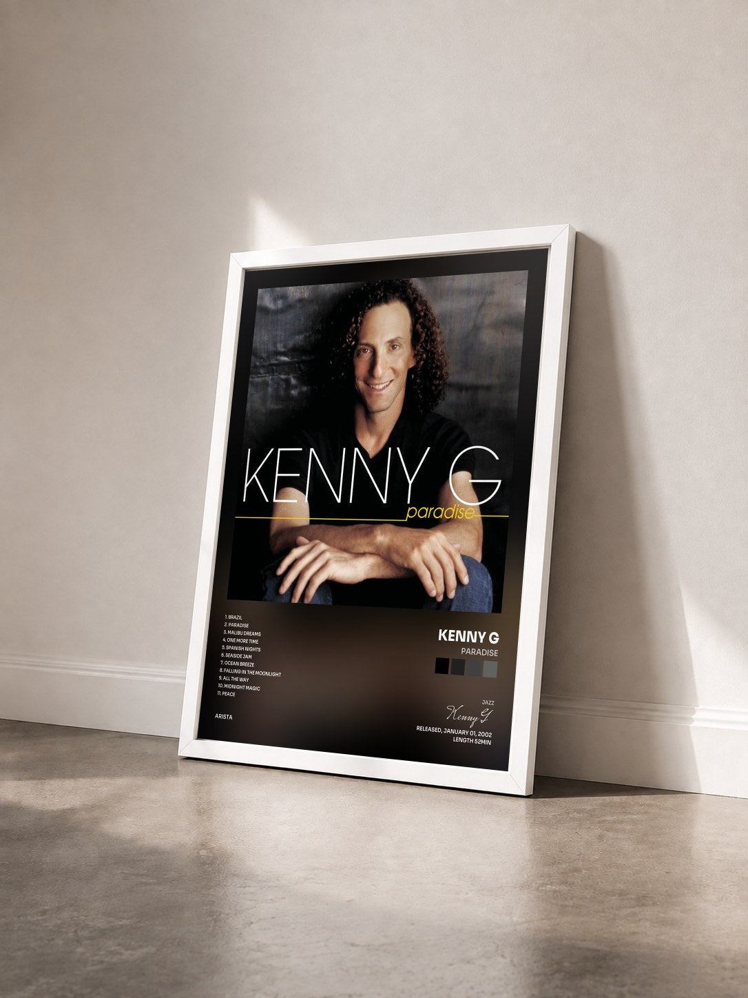 #blanc Tableau de l'album Paradise de Kenny G vu de trois quarts, cadre blanc