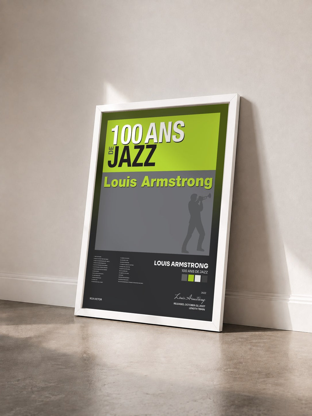 #blanc 100 ans de jazz de Louis Armstrong en lámina enmarcada vista de tres cuartos, marco blanco