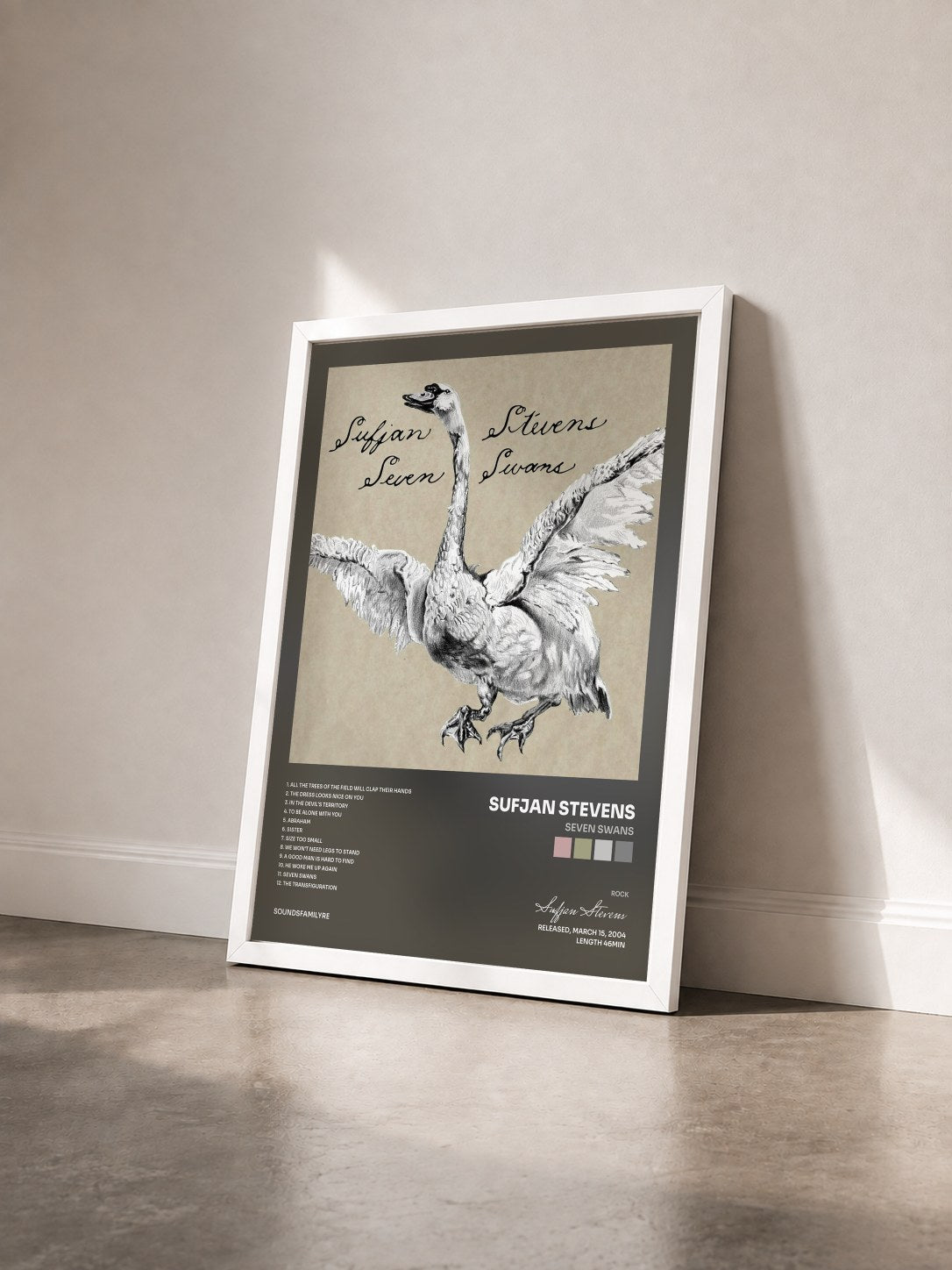 #blanc Tableau de l'album Seven Swans de Sufjan Stevens vu de trois quarts, cadre blanc