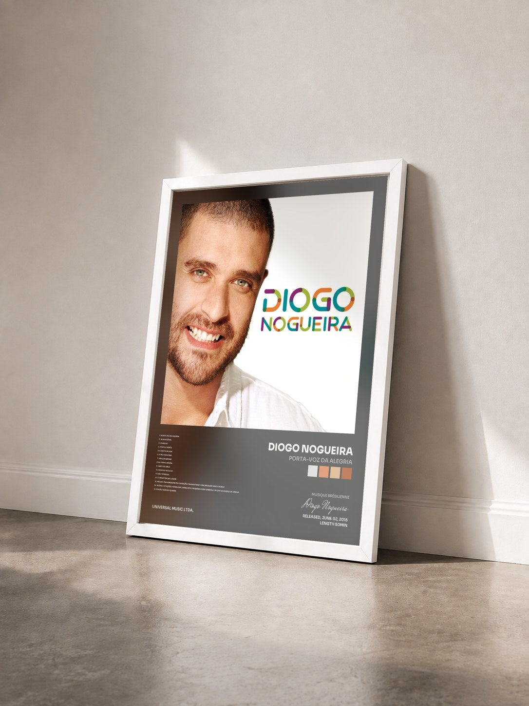 #blanc Tableau de l'album Porta-Voz Da Alegria de Diogo Nogueira vu de trois quarts, cadre blanc