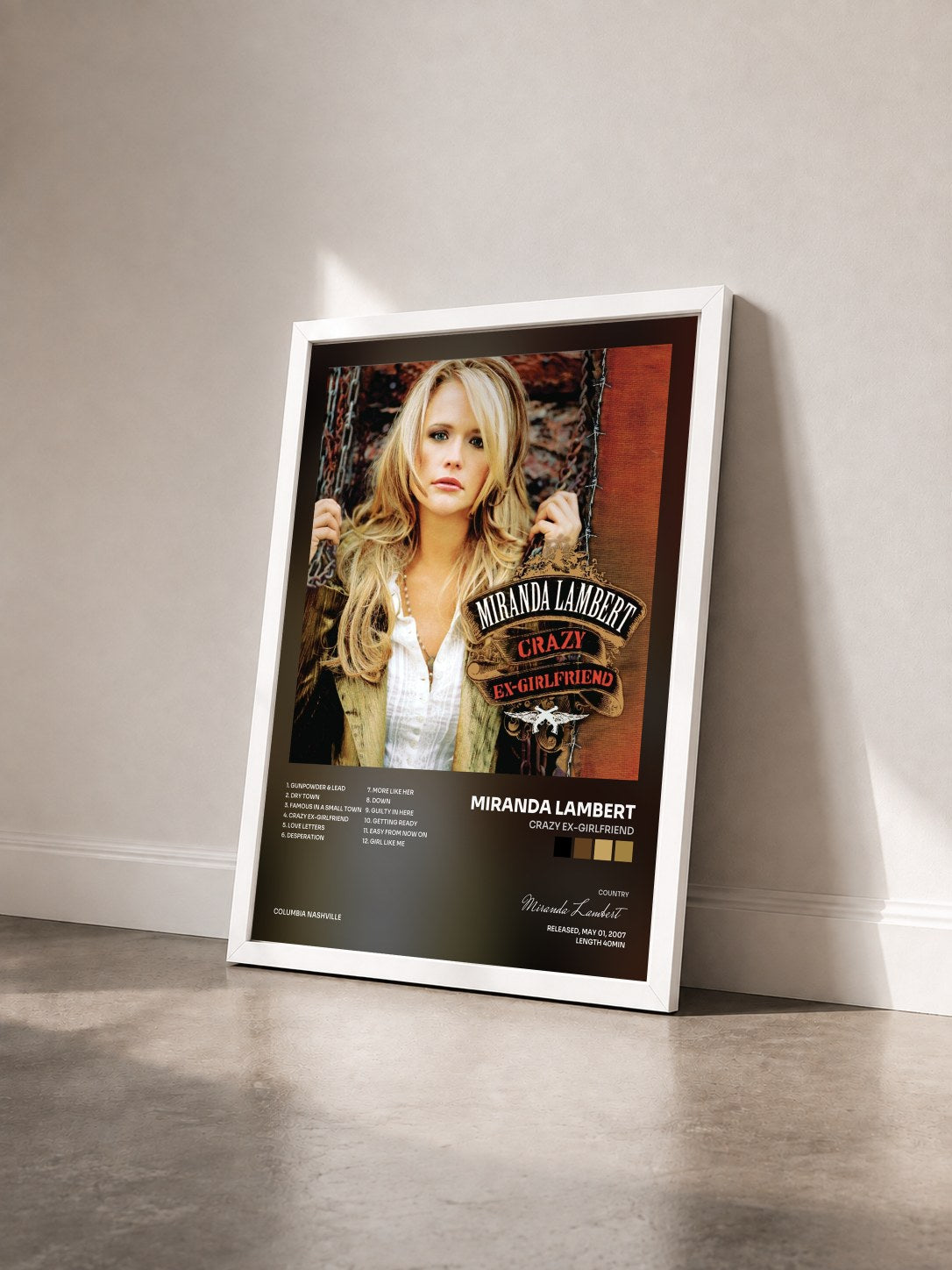 #blanc Tableau de l'album Crazy Ex-Girlfriend de Miranda Lambert vu de trois quarts, cadre blanc